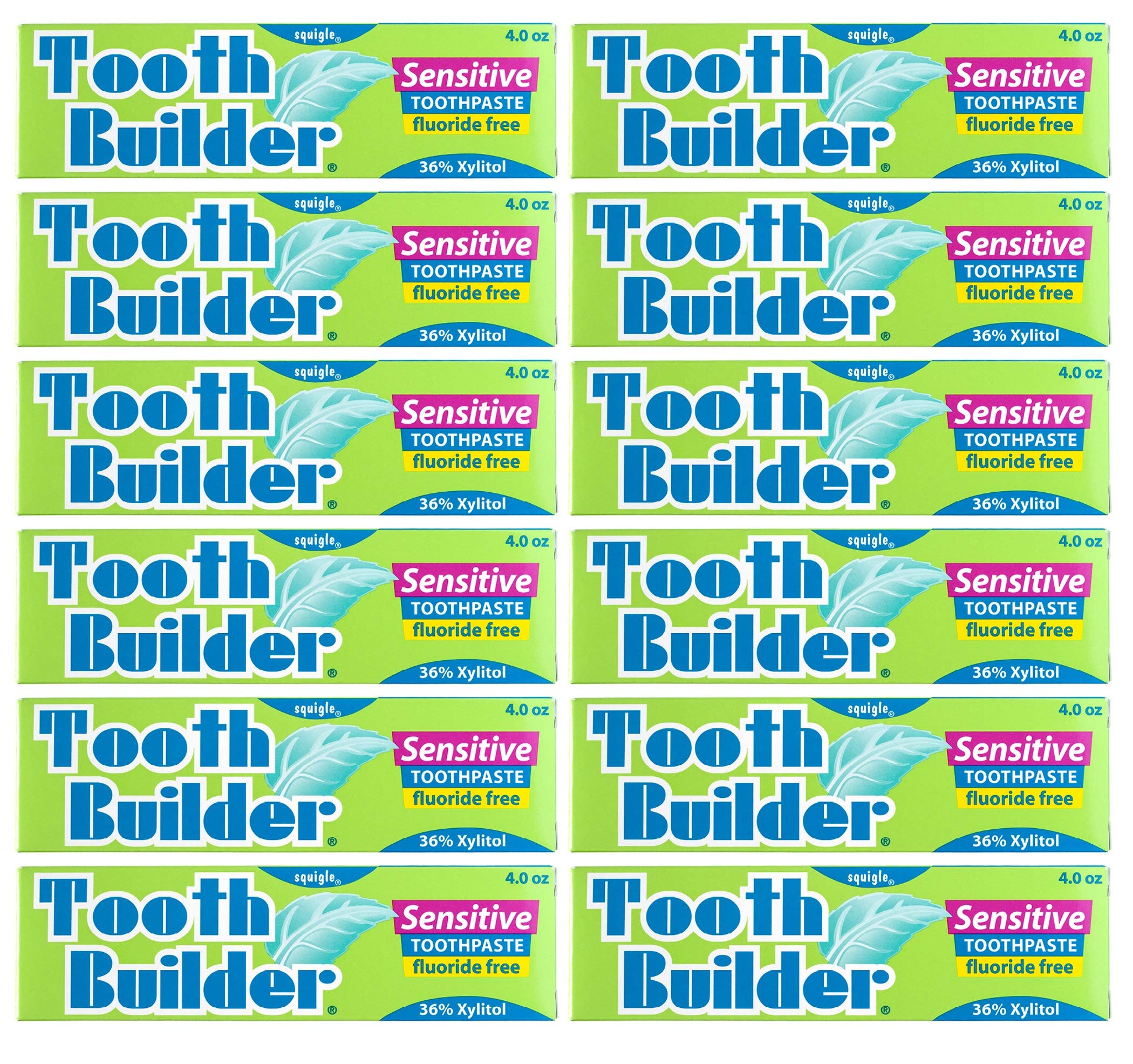 Squigle Tooth Builder Sensitive Toothpaste - 36% Natural Xylitol, SLS Free, Fluoride Free, Prevents Mouth Ulcer, Canker Sore, Bad Breath, Perioral Dermatitis, Chapped Lips, Dry Mouth - 12 Pack