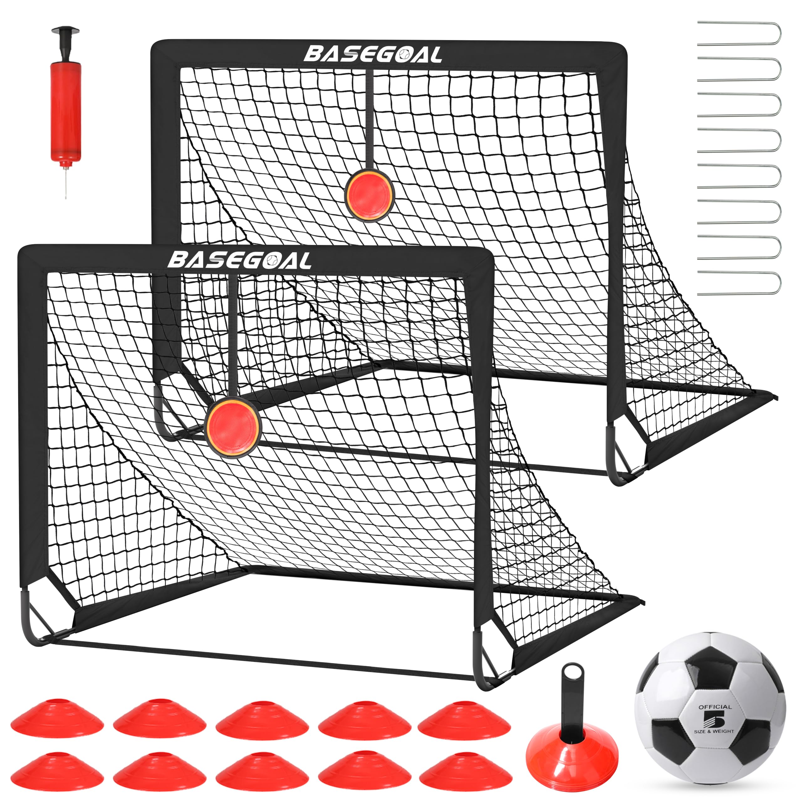 BaseGoal Set di 2 Porte da Calcio per Giardino 120x90cm con Calcio n. 5 | Porta da Calcio Adolescenti con Aste In Fibra di Vetro, Reti di Alta Qualità, Bersaglio, Coni da Calcio e Cono a Forma di U