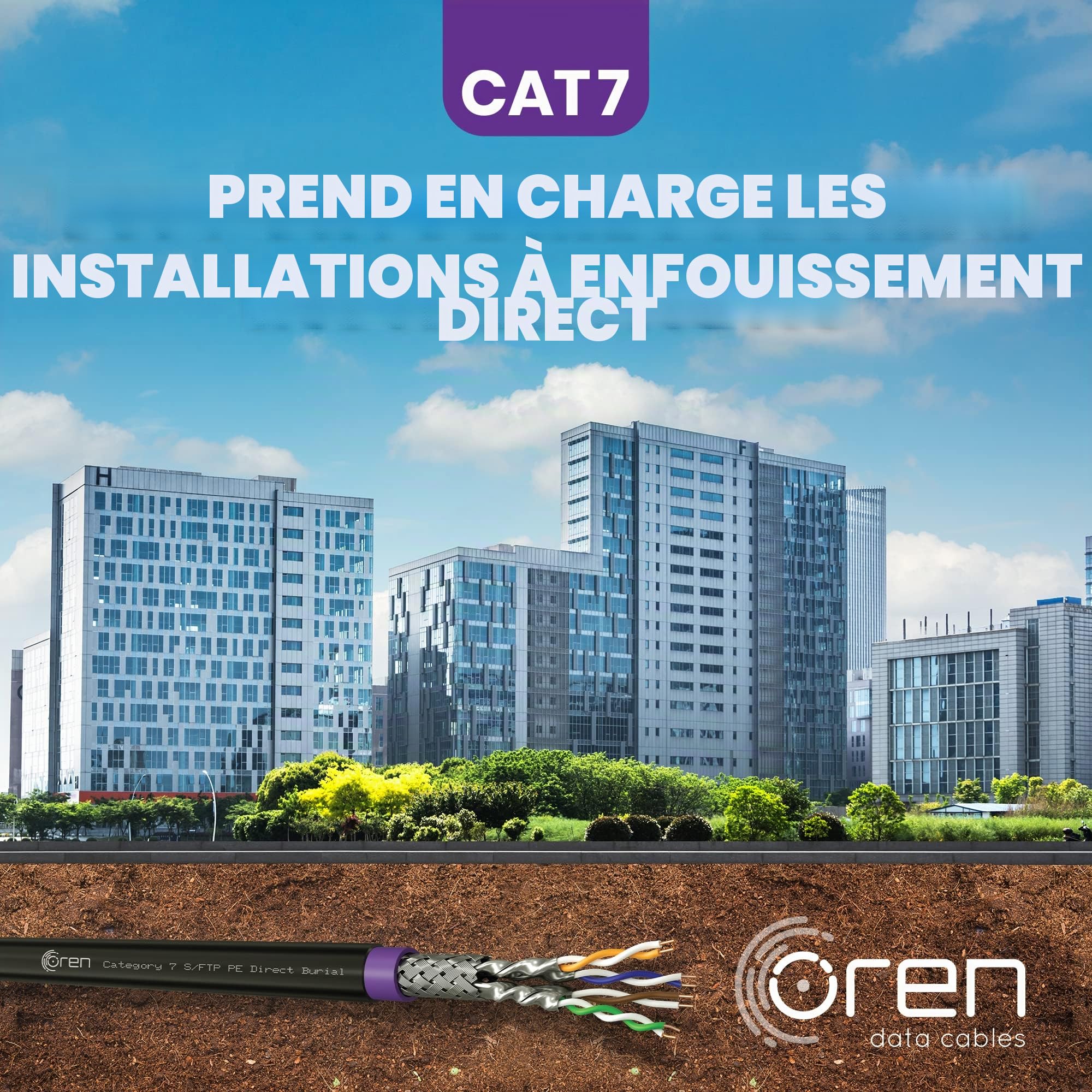 Oren CAT7 100m Câble Ethernet Extérieur - Enfouissement Direct - Câble en Cuivre Pur 23 AWG - Bande passante 900 MHz - Câble réseau LAN Internet S/FTP, sans halogène, sans corrosion - 10GbE