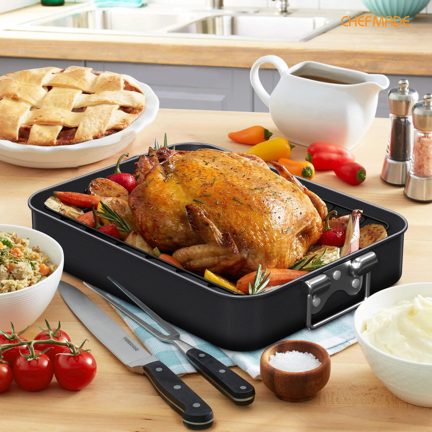 Amazon.com: CHEFMADE Turkey Roasting Pan with V Rack, 16 Inch Deep