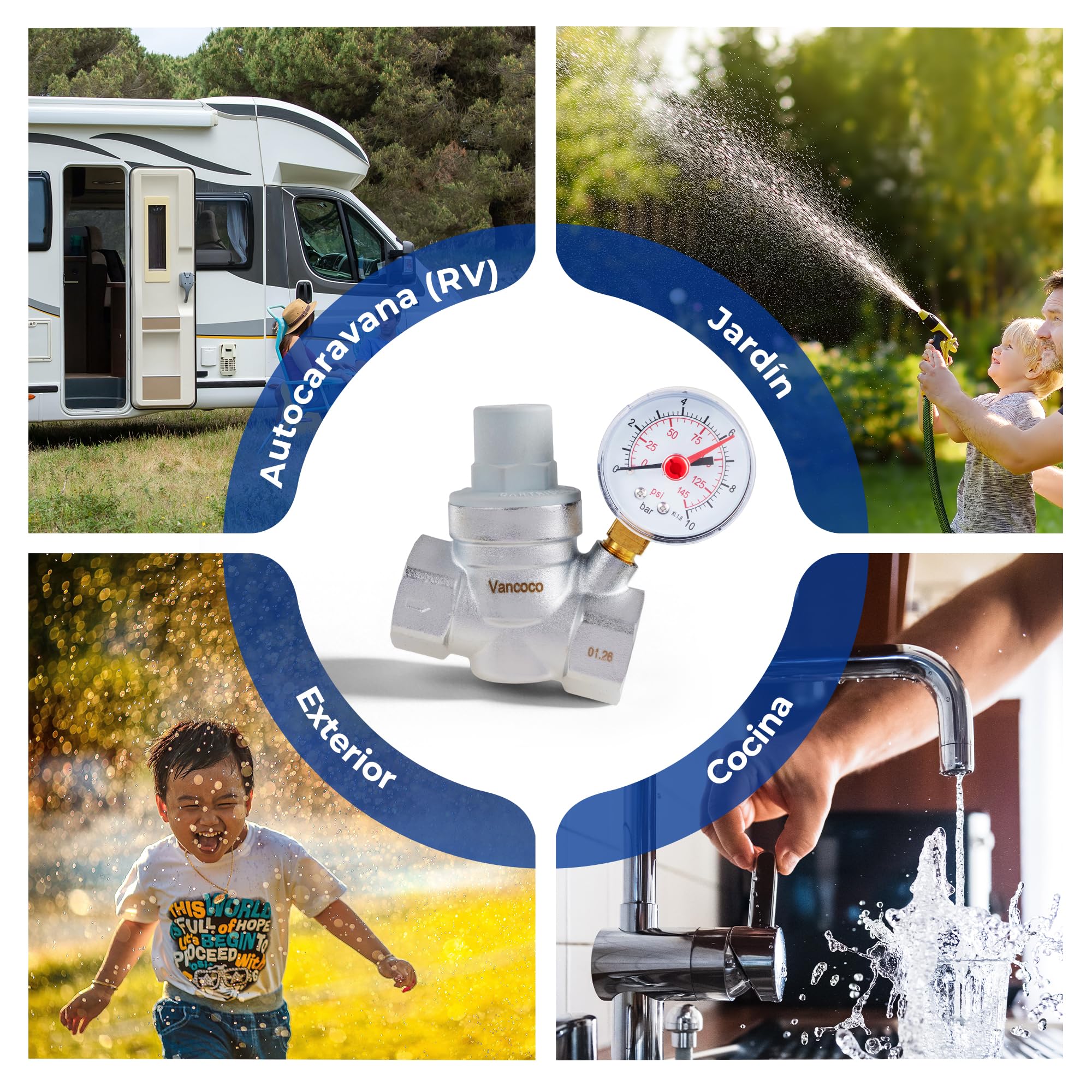 VANCOCO Regulador de presión de agua de 1 pulgada DN25 con manómetro, regulador de presión de agua de latón, regulador de presión de agua, válvula reductora de presión con filtro de filtro para