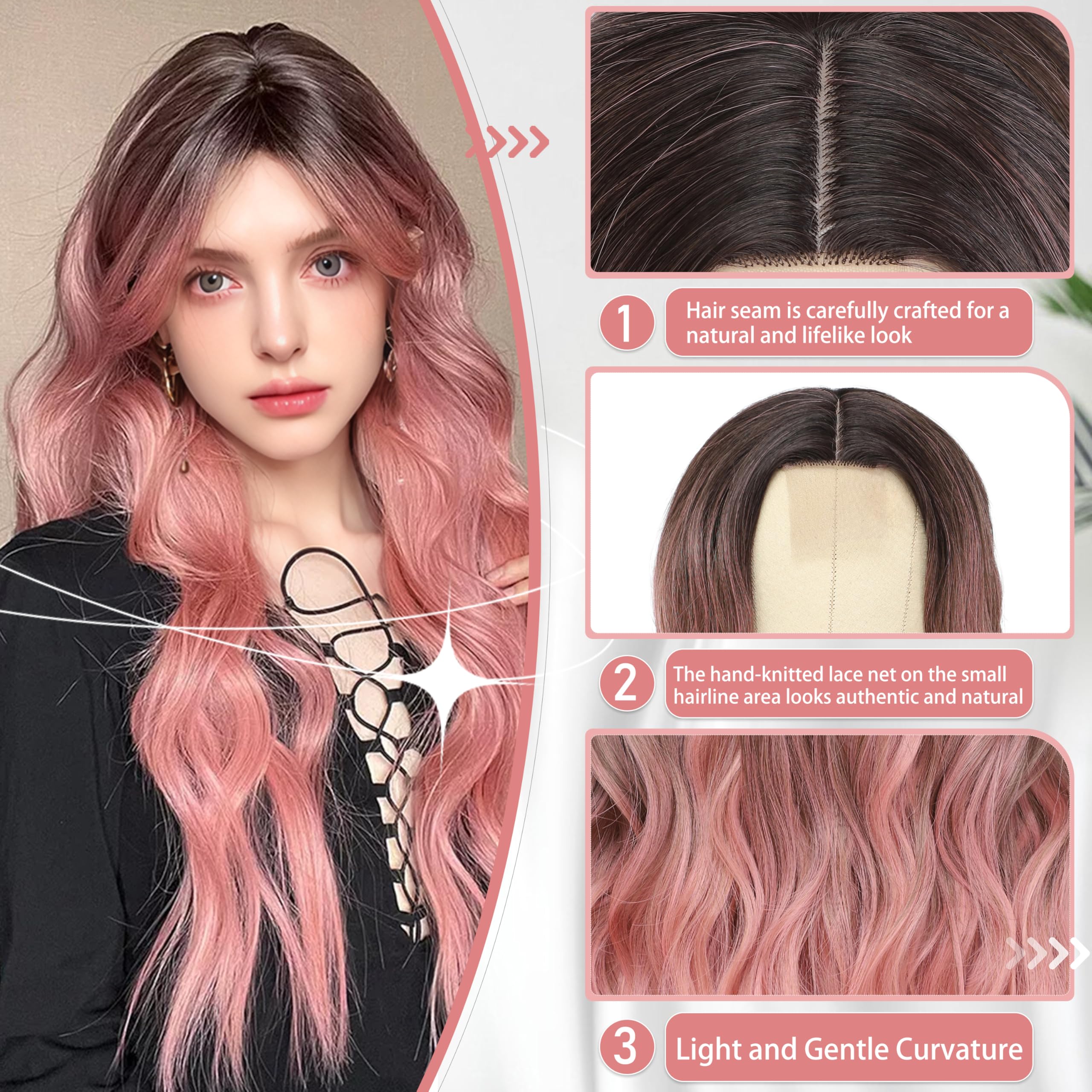 BUPPLER Cosplay Long Ombre Pink Wig 26 Inch Middle Part Synthetic Wig Realistic Gifts Party Wigs for Women Daily Use Colorful Wigs (Ombre Pink) - Image 4