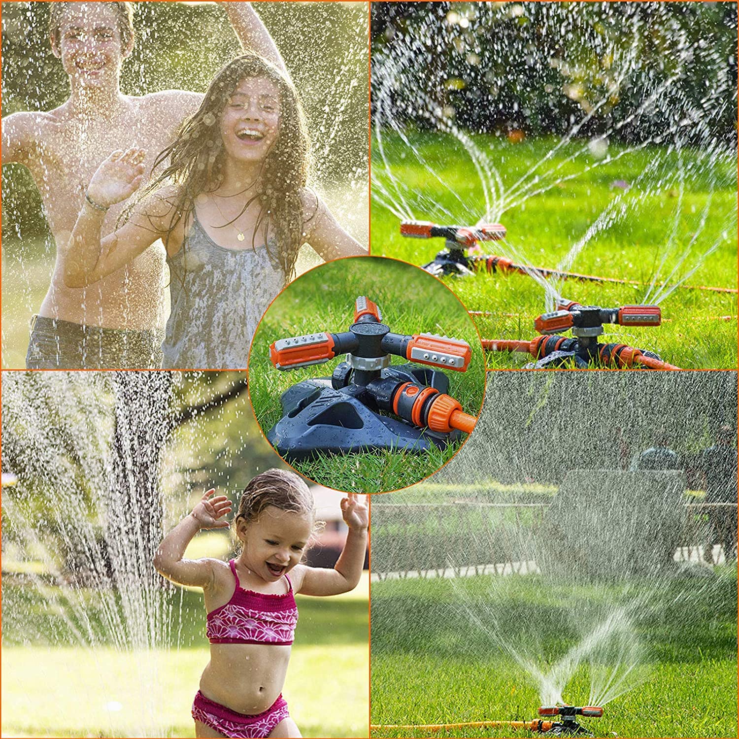 KAHEIGN Rociador De Jardín, 3 Brazos 360° Rotación Automática Ajustable Aspersores De Agua Para Jardín Sistema De Riego De Césped Para Garden Park Yard - Con Conectores Rápidos Y Cabezal De Rociador