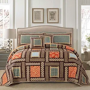 NEWLAKE Cotton Patchwork Bedspread, 3-Piece Bedding Quilt Set with Real Stitched Embroidery, Reversible Matelasse Bed Coverlet Set,Bohemian Farmhouse,Queen Size