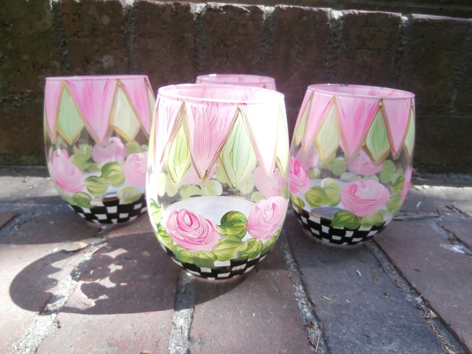 Hand painted pink rose/checks stemless wine goblets. set/4