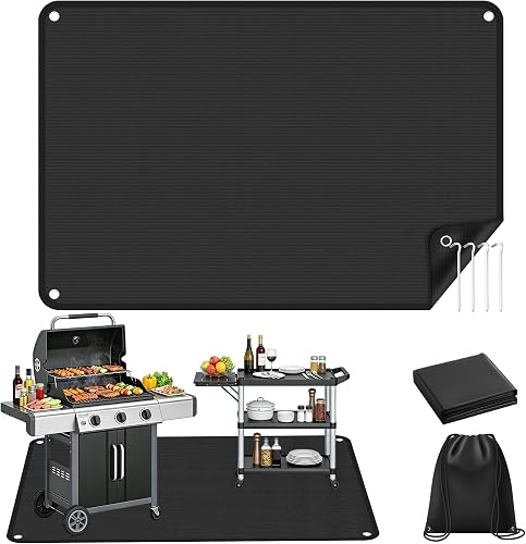Outdoor Grill Mat 48x30 Inch, Protects Deck Grass from Grease Sparks, Heat Resistant Drip Pad for Under Grill, BBQ Fire Pit Mat for Patio, Waterproof Oil-Proof Easy Clean with Stakes Bag