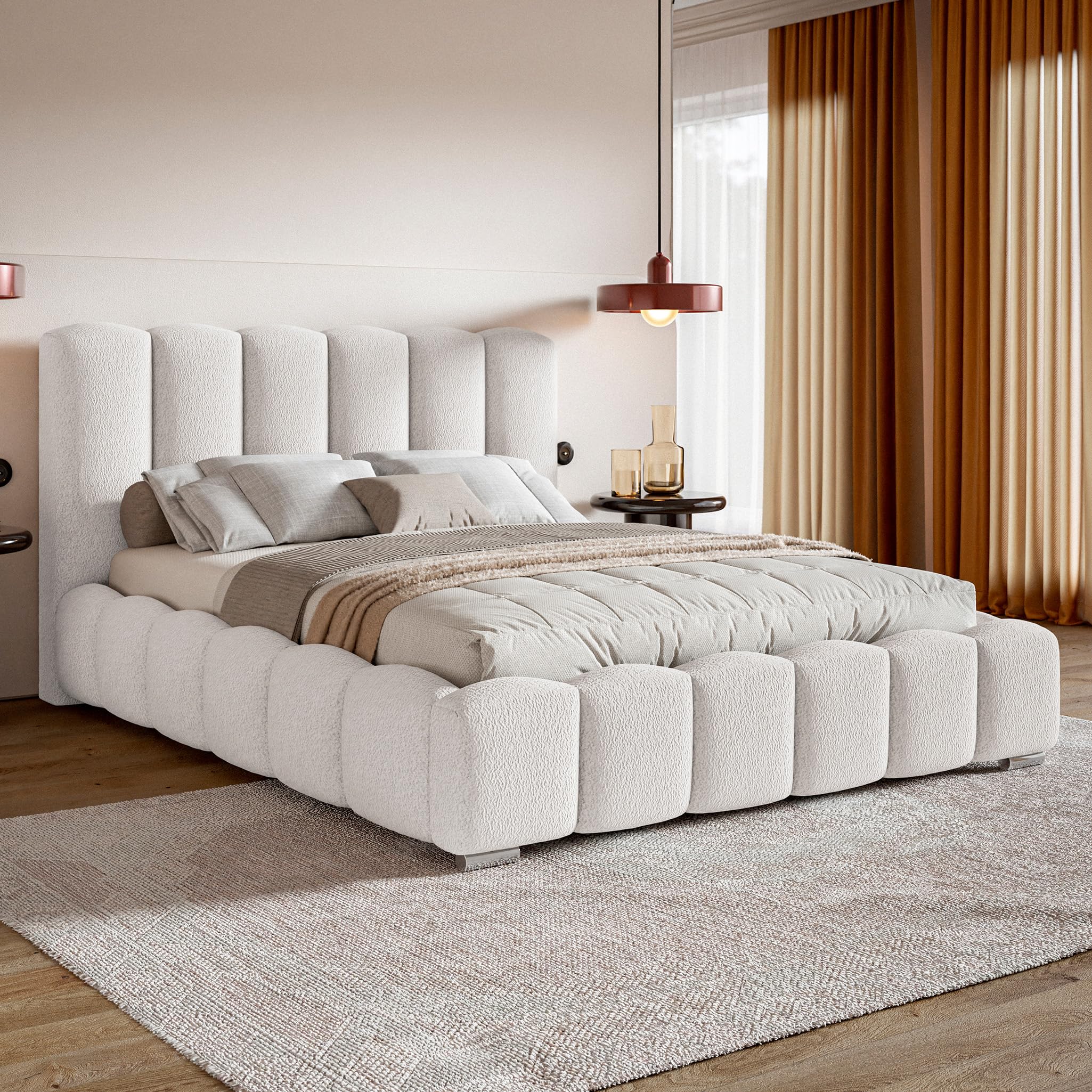 MOTIVENA Grand Bubble Bett 140x200 Weiß Boucle, mit Stauraum, mit Kopfteil, mit Lattenrost, mit Füßen, ohne Matratze, Bubble Polsterbett 140x200 mit Bettkasten Weiß (Milch) Küche, Haushalt & Wohnen