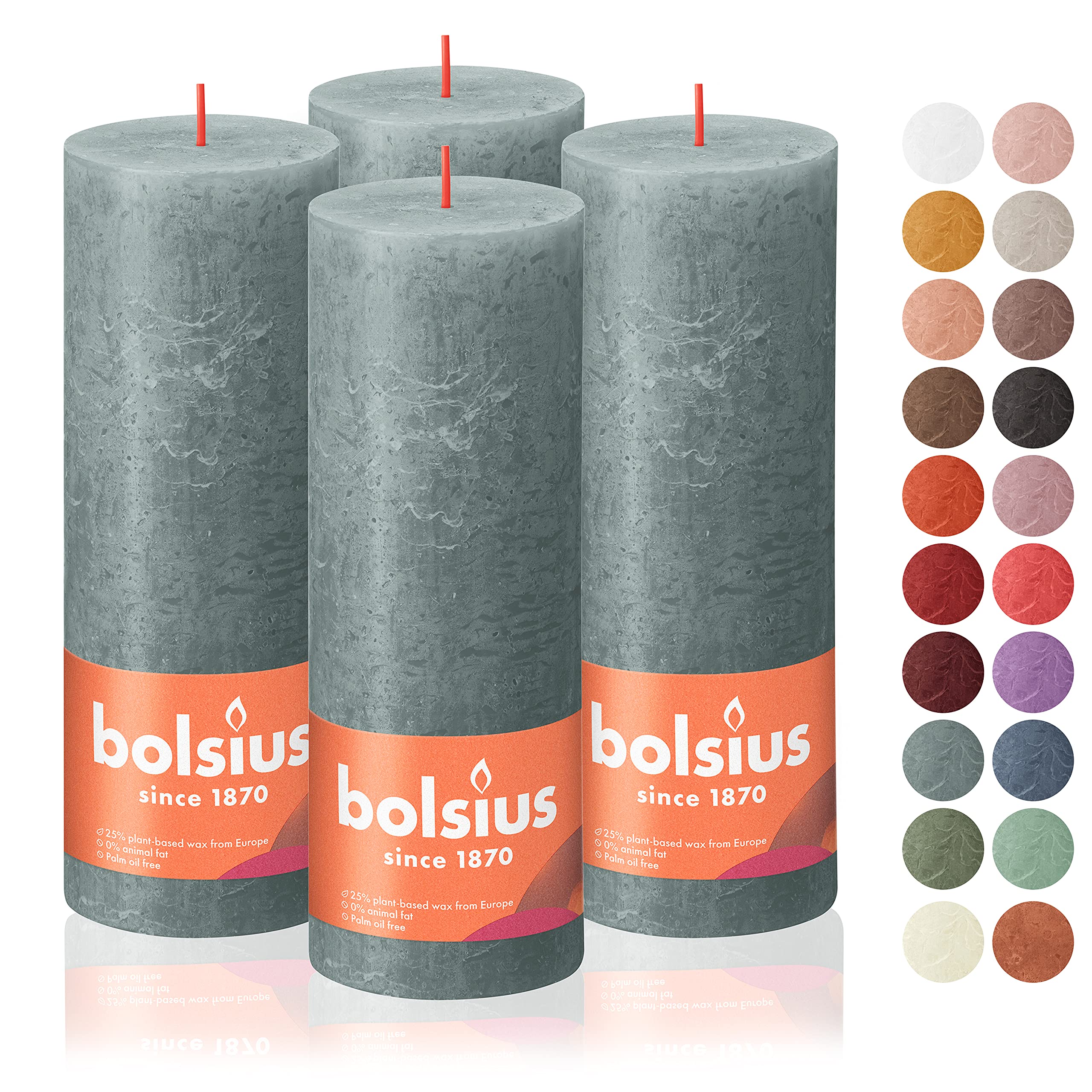 bolsius 4 pack eucalyptus green rustic pillar candles - 2.75 x 7.5 inches - premium european quality - includes natural plant-based wax - unscented dripless smokeless 85 hour large party candles