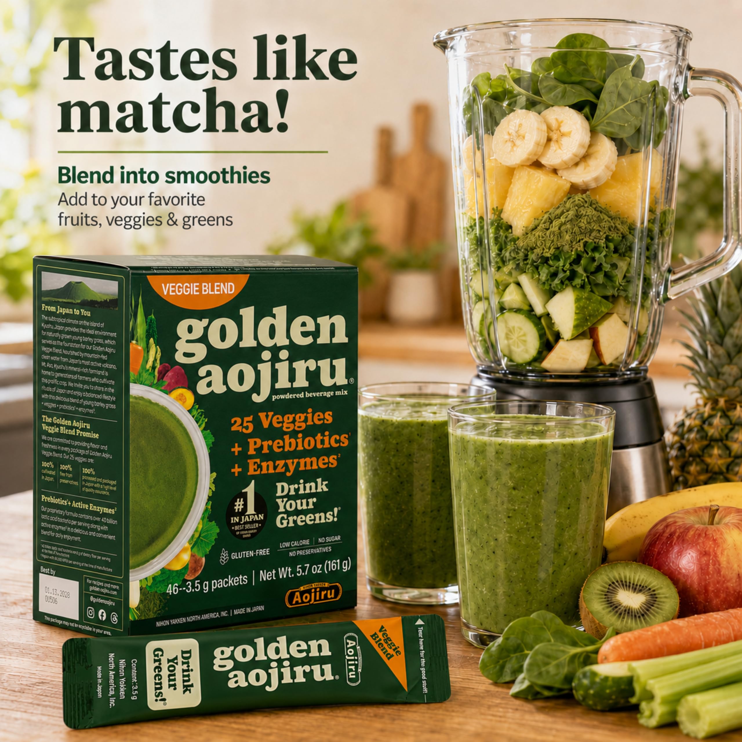 Golden Aojiru Veggie Blend - Greens Powder with 25 Superfood Vegetables, Gluten-Free, Low Calorie, No Sugar, 46 Packets - Made in Japan