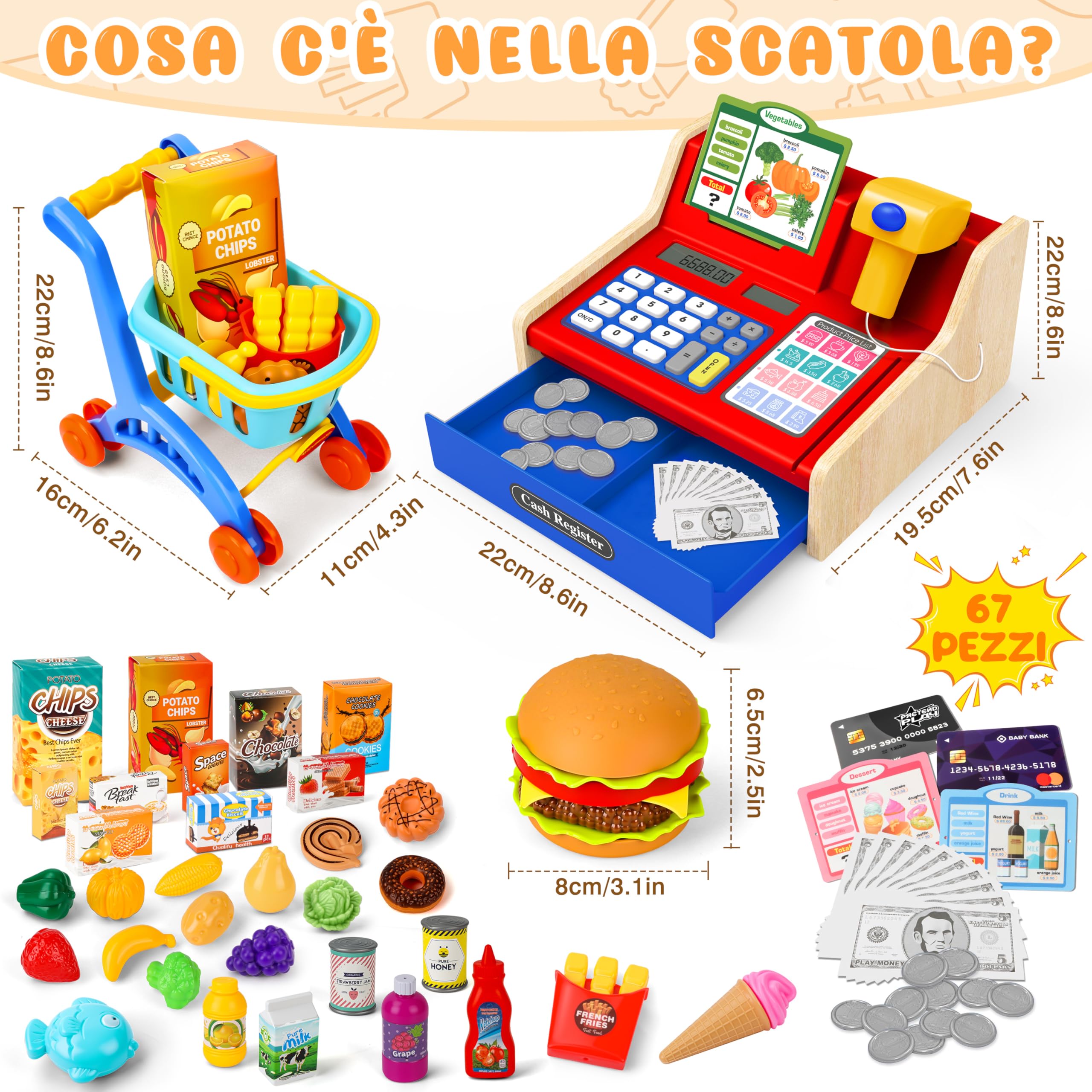 MOMOSTAR Cassa Giocattolo per Bambini, Registratore di Cassa Giocattolo con Scanner Calcolatrice, Supermercato Giocattolo con 66 Accessori, Cassa Giochi d'Imitazione Regalo per Bambini 3 4 5 6 Anni