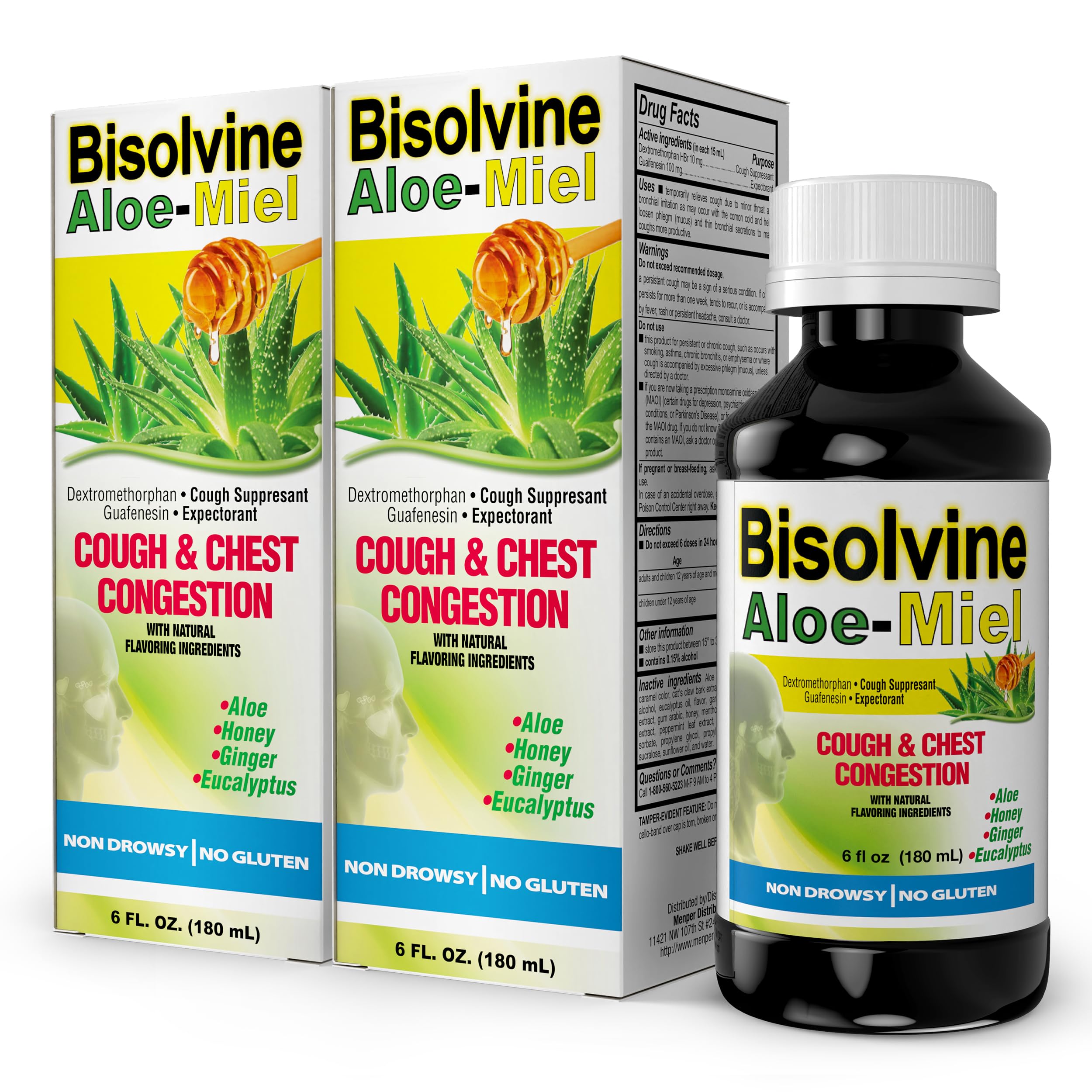 Aloe-Miel Cough Syrup - Effective Cough Suppressant & Expectorant with Guaifenesin & Dextromethorphan for Throat Relief & Mucus Control - Cold & Cough Relief Solution, 6 fl oz, 2-Pack