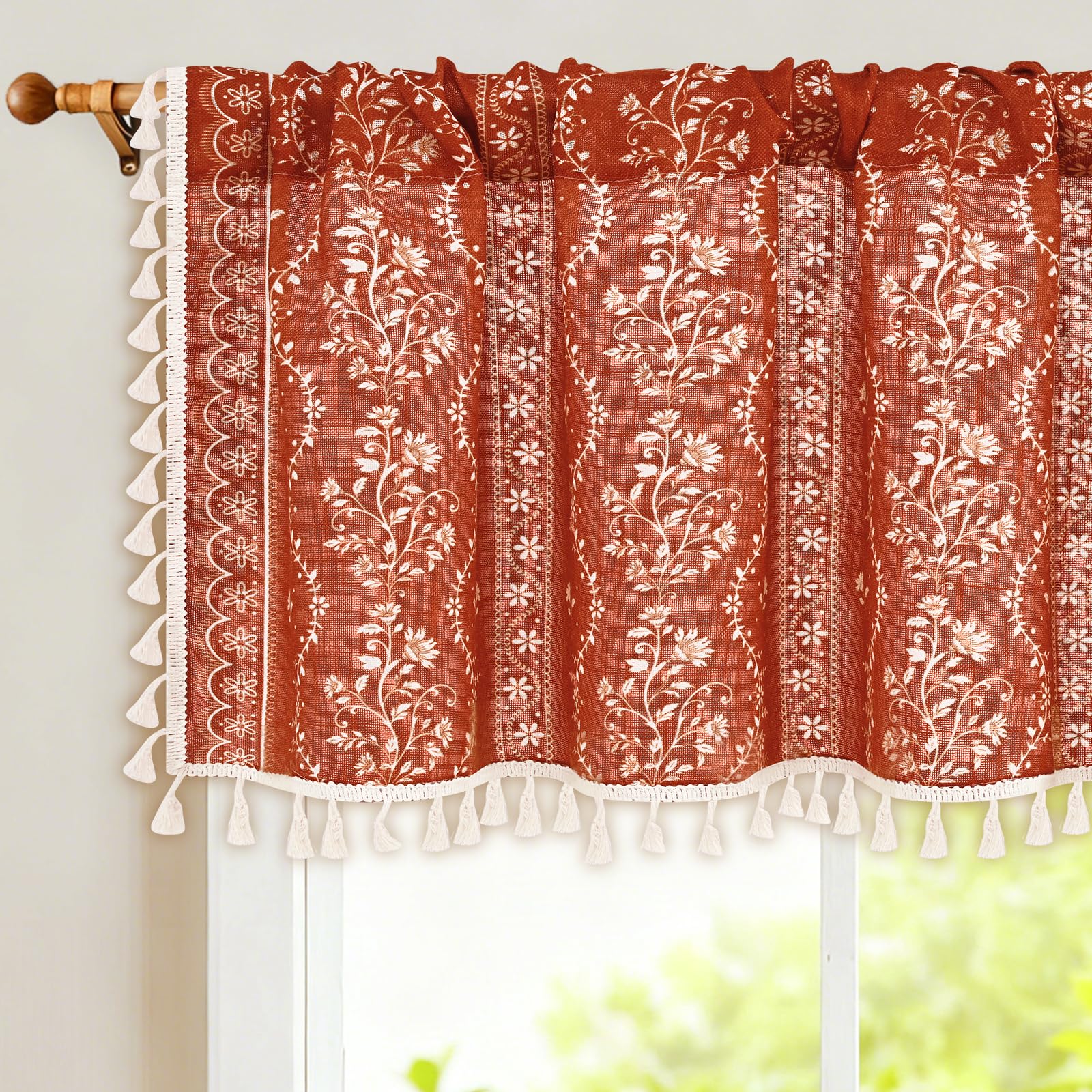 Yinhua Boho Valance Curtains Vintage Linen Kitchen Valances for Windows Light Filtering Floral Valance Rod Pocket Farmhouse Rustic Tassel Window Valances for Bathroom Cafe, 52" W X 18" L, Terracotta