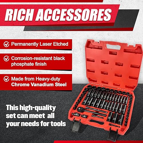 Miniatura 5 de 64pcs 3/8" Socket Set,Drive Impact Socket Set, SAE/Metric, Deep & Shallow, Cr-V Steel, 6 Point with Adapters, 72T Ratchet Handle, Extension Bars，Bit