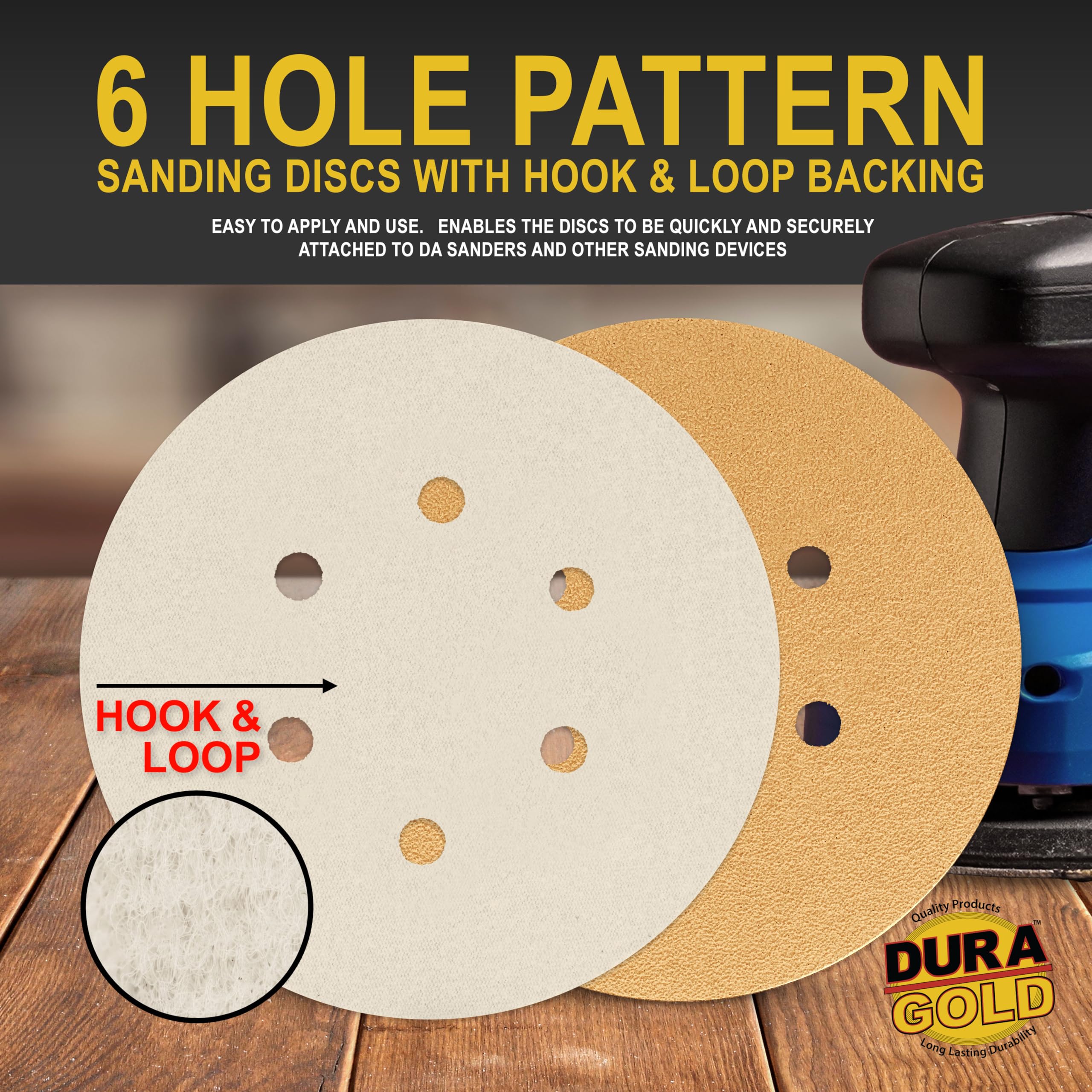 Dura-Gold - Premium - Discos de lija de 6 agujeros para lijadoras DA de grano 60 de 6 pulgadas dorados, con gancho y bucle, caja de 24 discos de acabado de papel de lija para automoción y carpintería