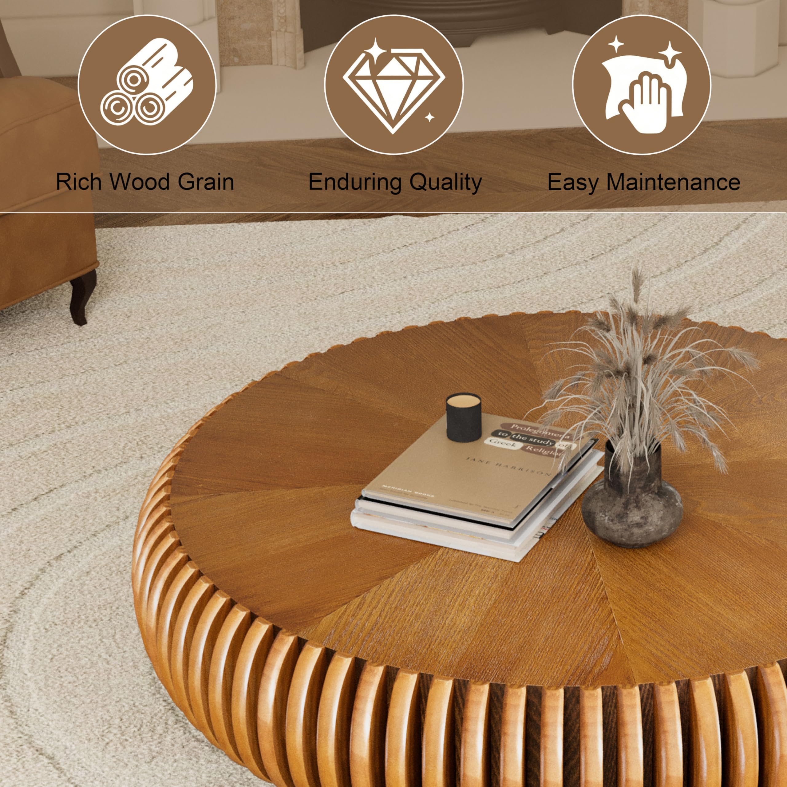 80 cm Mesa de Centro Redonda, Marrón | Tambor Estriado, Estilo Mid-Century - Mesa Central para Salón, Apartamento, Pequeños Espacios - Montaje Sencillo