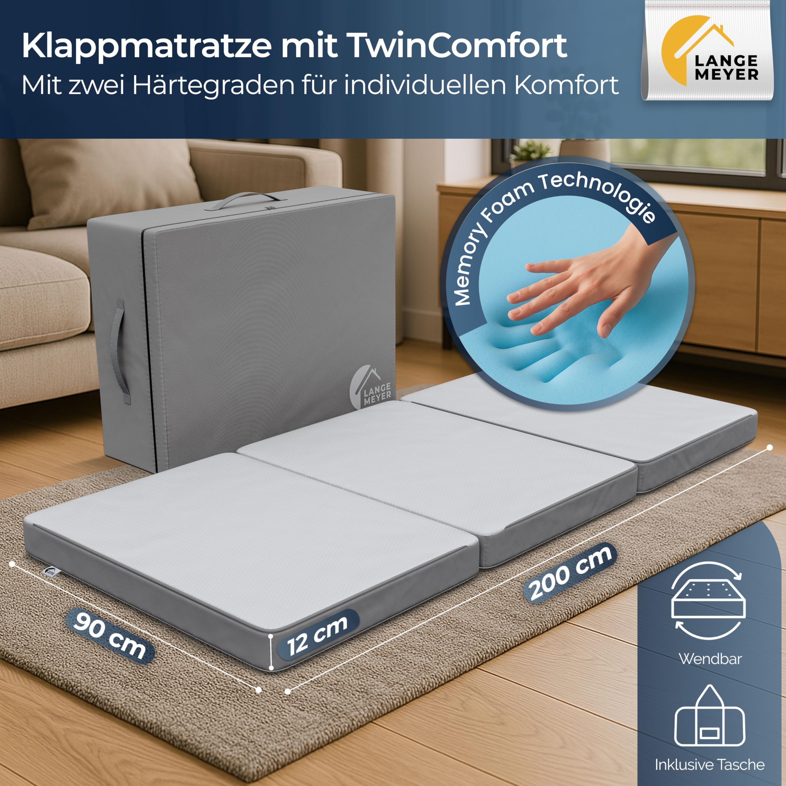TwinComfort Klappmatratze 2 Härtegrade, 3-teilig faltbar mit Tragetasche, Gästebett & Faltmatratze für Erwachsene, Folding Mattress 90x200x12 cm