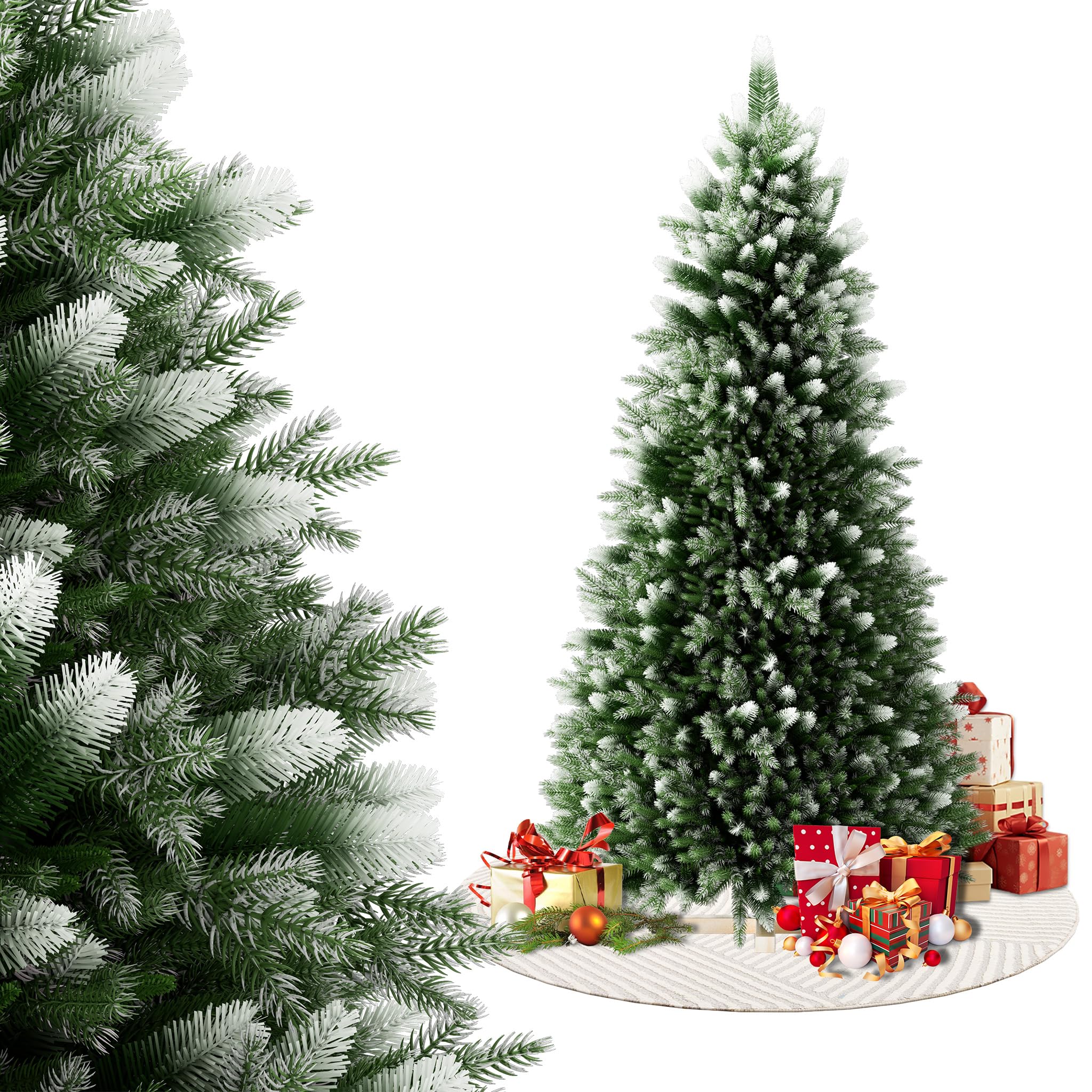 XMTECH Künstlicher Weihnachtsbaum PVC 150 cm, Holzfuß, Schneeoptik zu Hause