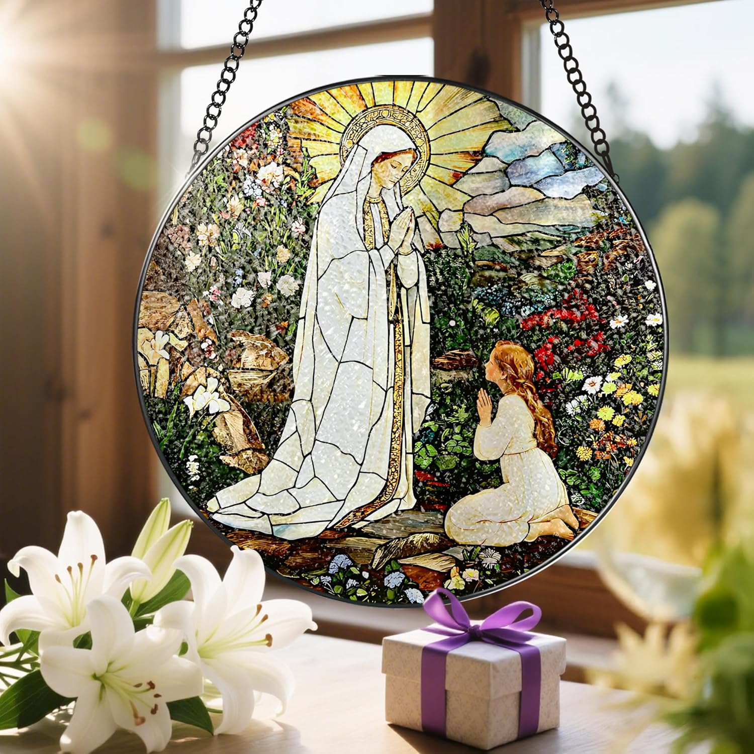 8 Inch Lady of Lourdes Stained Glass Suncatcher, Stained Glass Window Hanging, Virgin Mary Religious Window Hanging, Gift for Mothers Day, Catholic Home Decor, Faith Gift for Christian, Religious Gift - Image 6