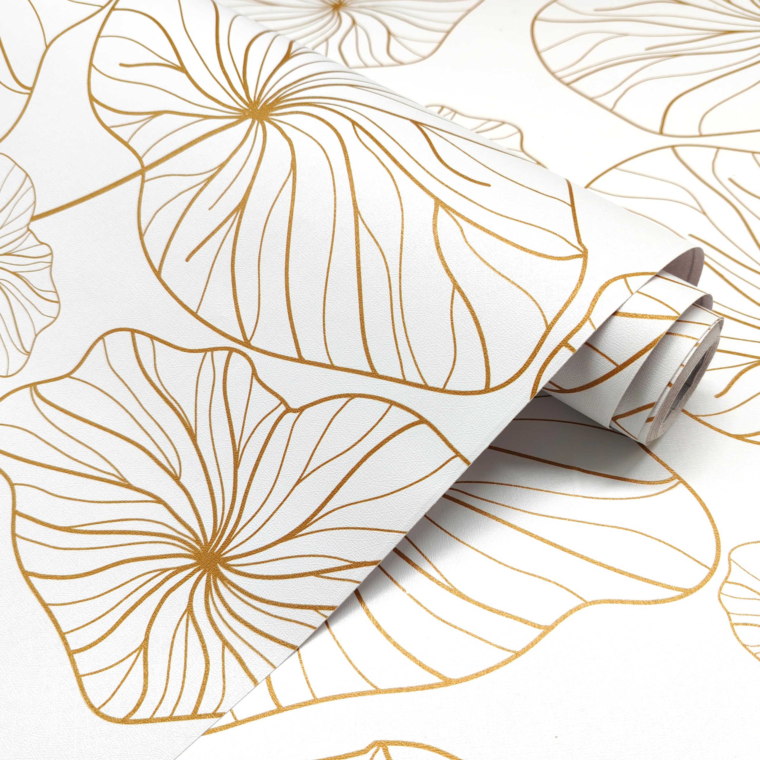 Gold and White Wallpaper Peel and Stick Wallpaper Boho Floral Contact Paper Lotus Leaf Removable Wallpaper Kitchen Self Adhesive Wallpaper Decorative for Cabinets Shelf 17.7inch x 118.1inch