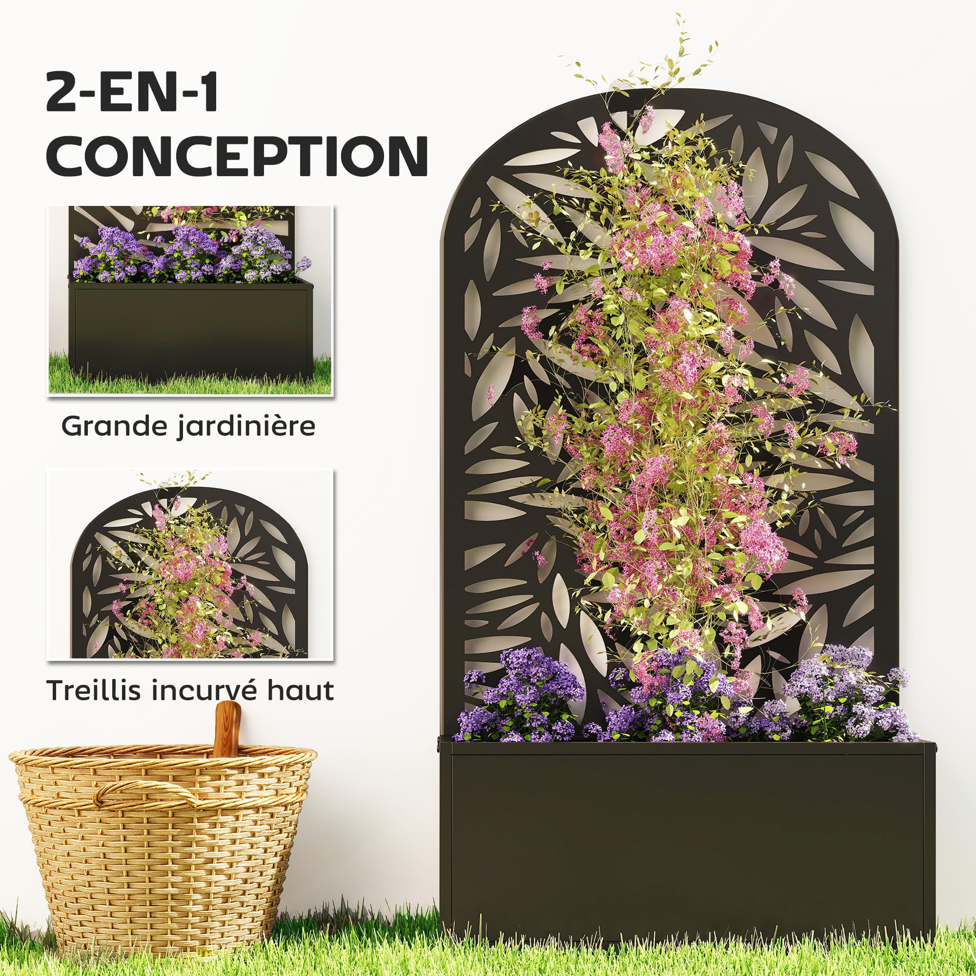 Outsunny Jardinière avec Treillis, Bac à Fleurs Métal, 61x23x113cm Noir | Lit Surélevé avec Brise-vue Découpé en Feuilles, Fixation Mur ou Sol, pour Plantes Grimpantes, Légumes, Fleurs