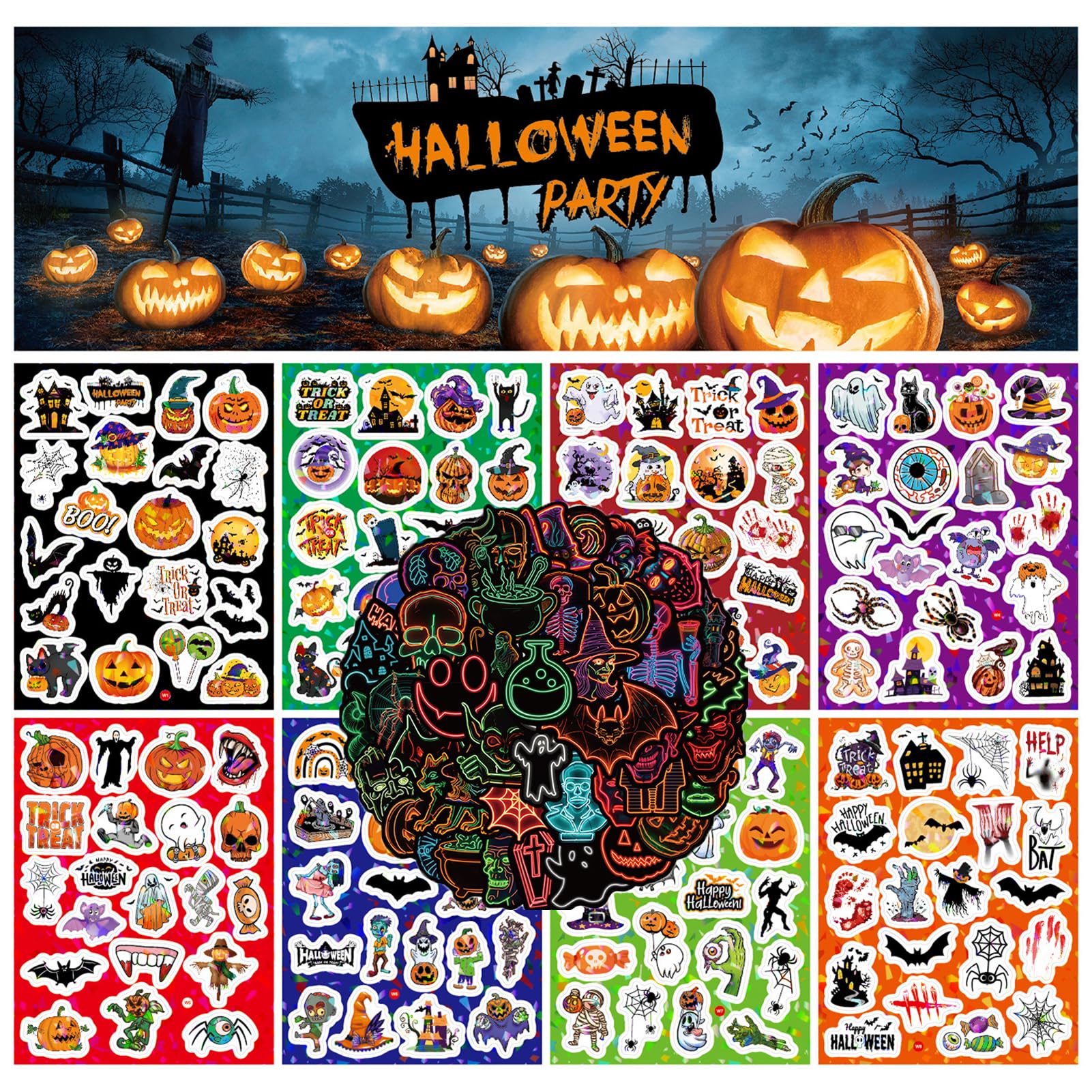 20 cubos de dulces de Halloween, cestas de truco o trato para niños, cubos de hielo de 32 onzas para fiestas con tapa, contiene 210 calcomanías de Halloween y 25 popotes para decoración de fiesta de 7