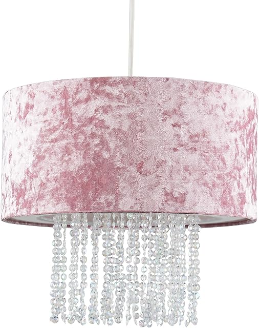 Modern Pink Velvet Cylinder Ceiling Pendant Light Shade with Clear Acrylic Droplets