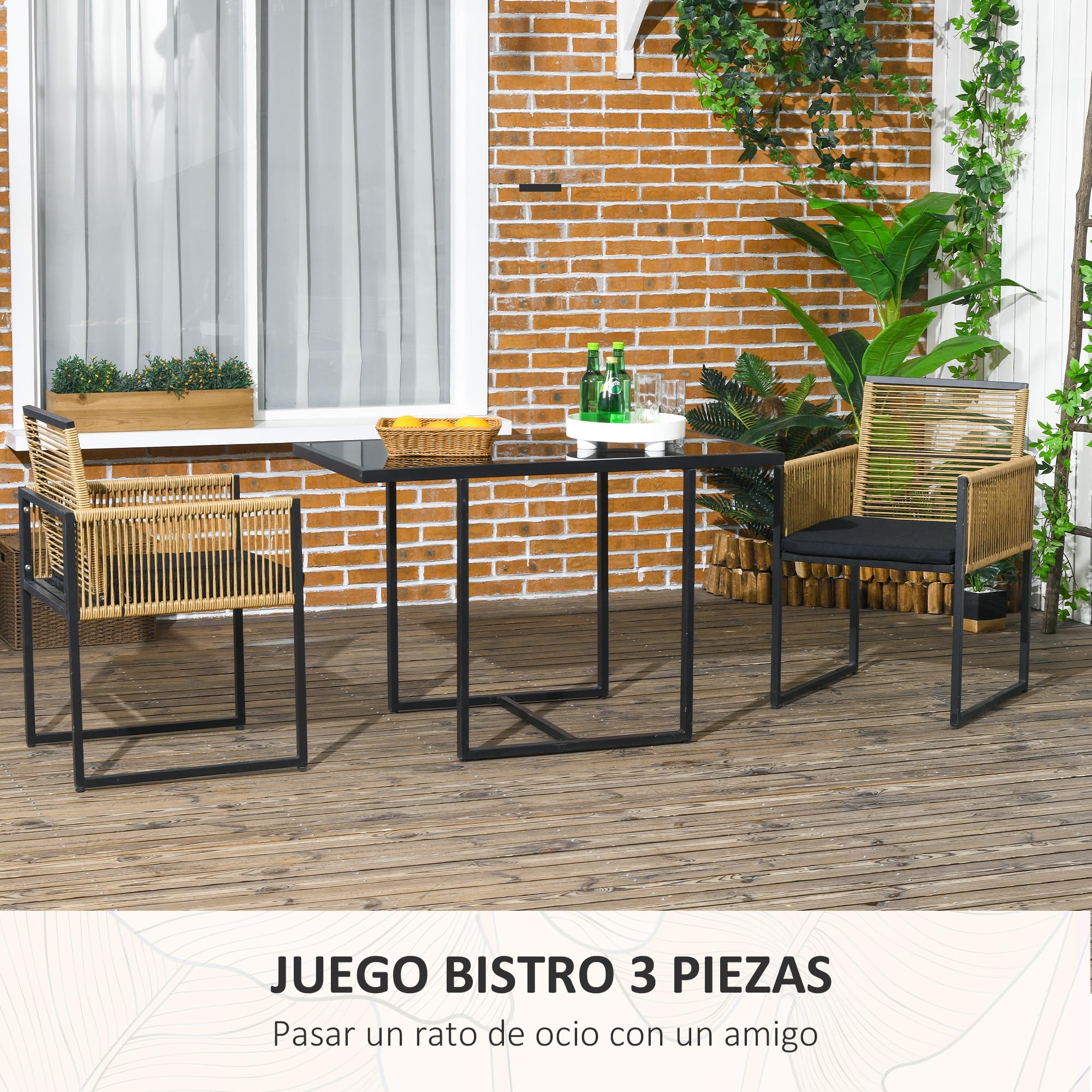Outsunny Conjunto de Muebles de Jardín 3 Piezas Diseño Anidado Juego de Sillas y Mesa de Ratán con Respaldo Plegable Cojines y Mesa con Tablero de Vidrio Templado para Patio Terraza Natural y Negro