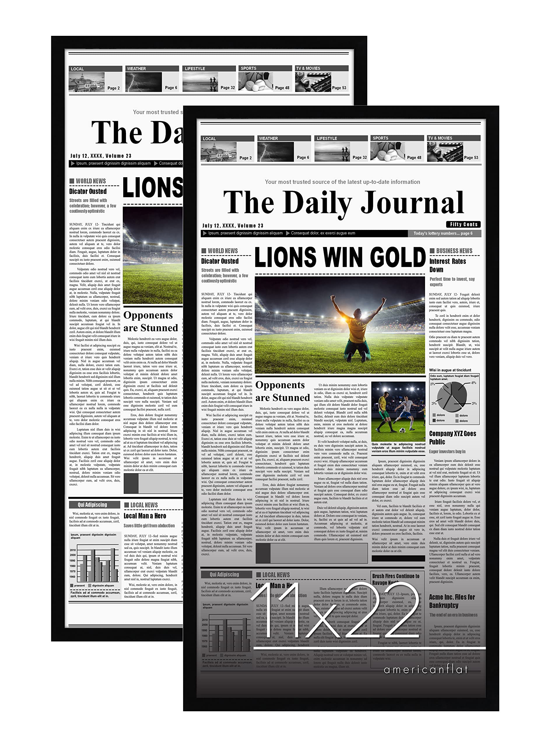 Americanflat 11x22 Newspaper Frame 2 Pack In Black - Assorted Media Article Cover Frame - Hanging Hardware Included - 22x11 Front Page Newspaper Picture Frame - 2 Pack