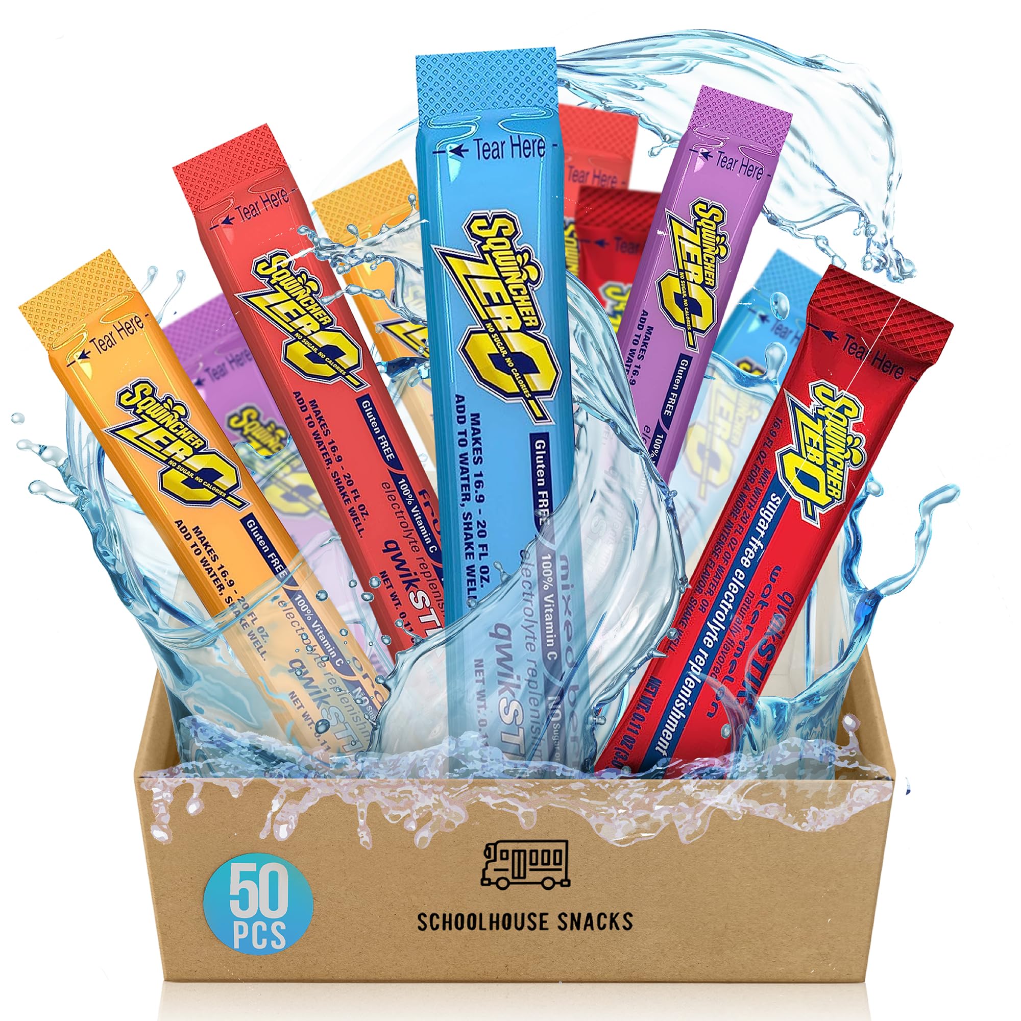 Sqwincher Zero - 5 Flavor Qwik Stik Assorted Sugar-Free Electrolyte Powdered Beverage Mix (50) bundle by Schoolhouse Snacks