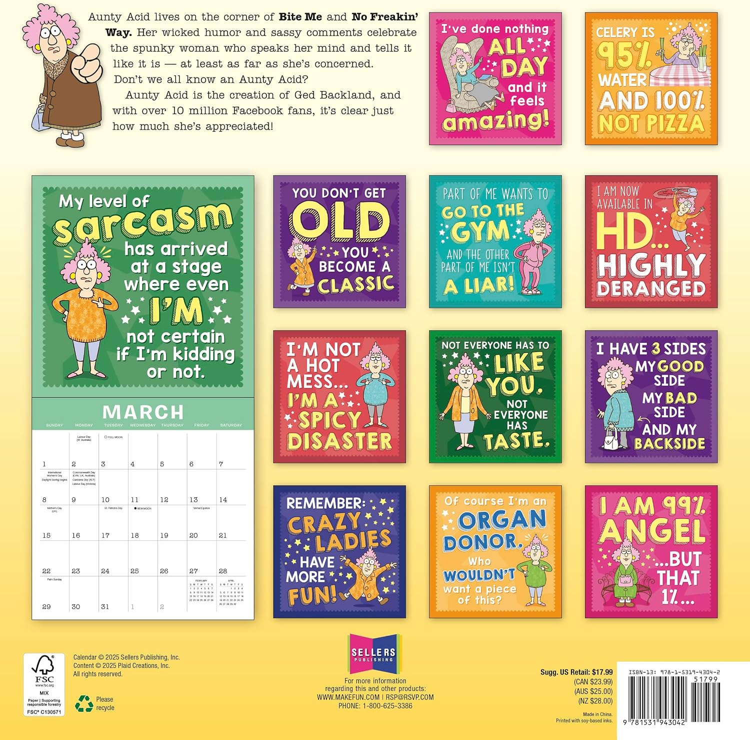 Aunty Acid 2026 Wall Calendar, 12-Month Humor & Comic Calendar, 12" x 12", Hanging Monthly Planner for Home or Office, Large Grids, Funny Cartoon Comics image 2