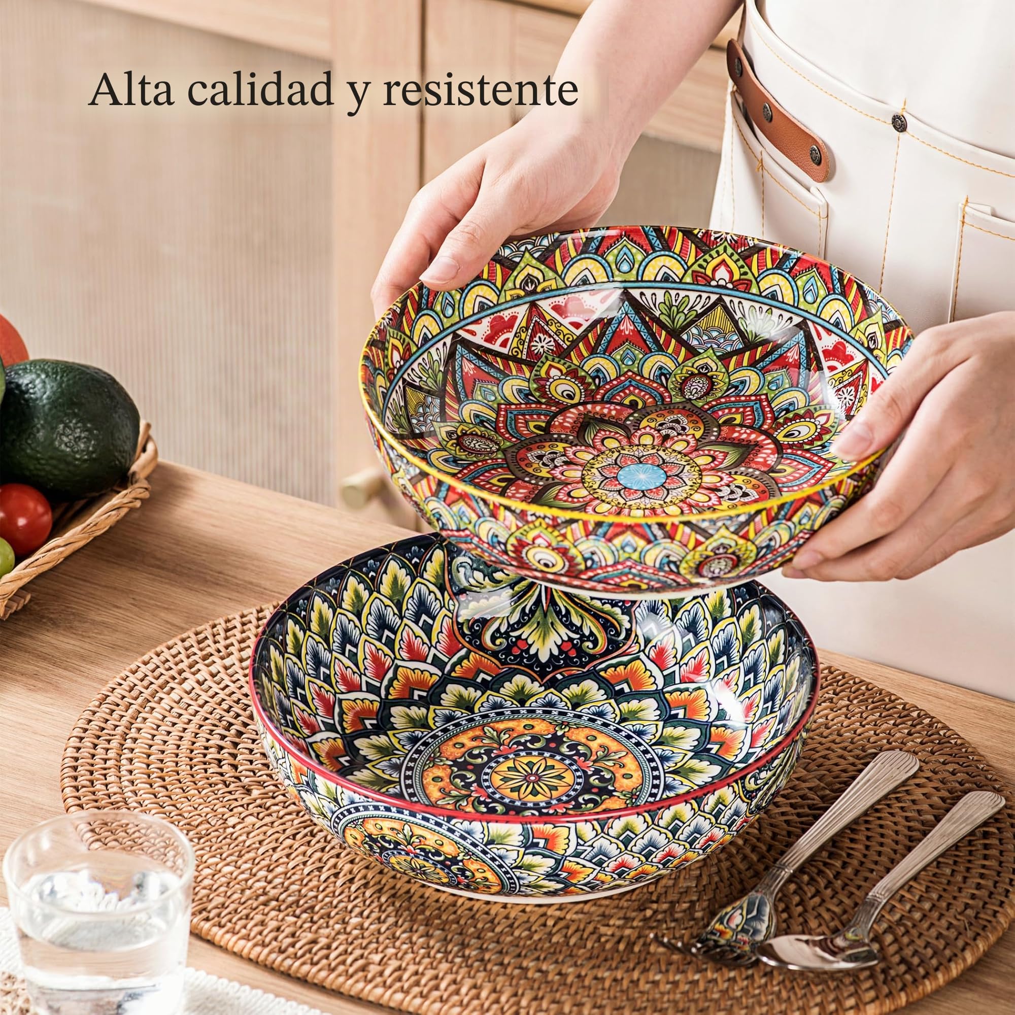 Henten Home Juego de 2 Platos Hondos de Cerámica de Estilo bohemio, 1500 ml Cuencos Grandes de Sopa, Cuencos Grandes para Pasta, Ramen, Ensalada, apto para Lavavajillas, Microondas y Horno