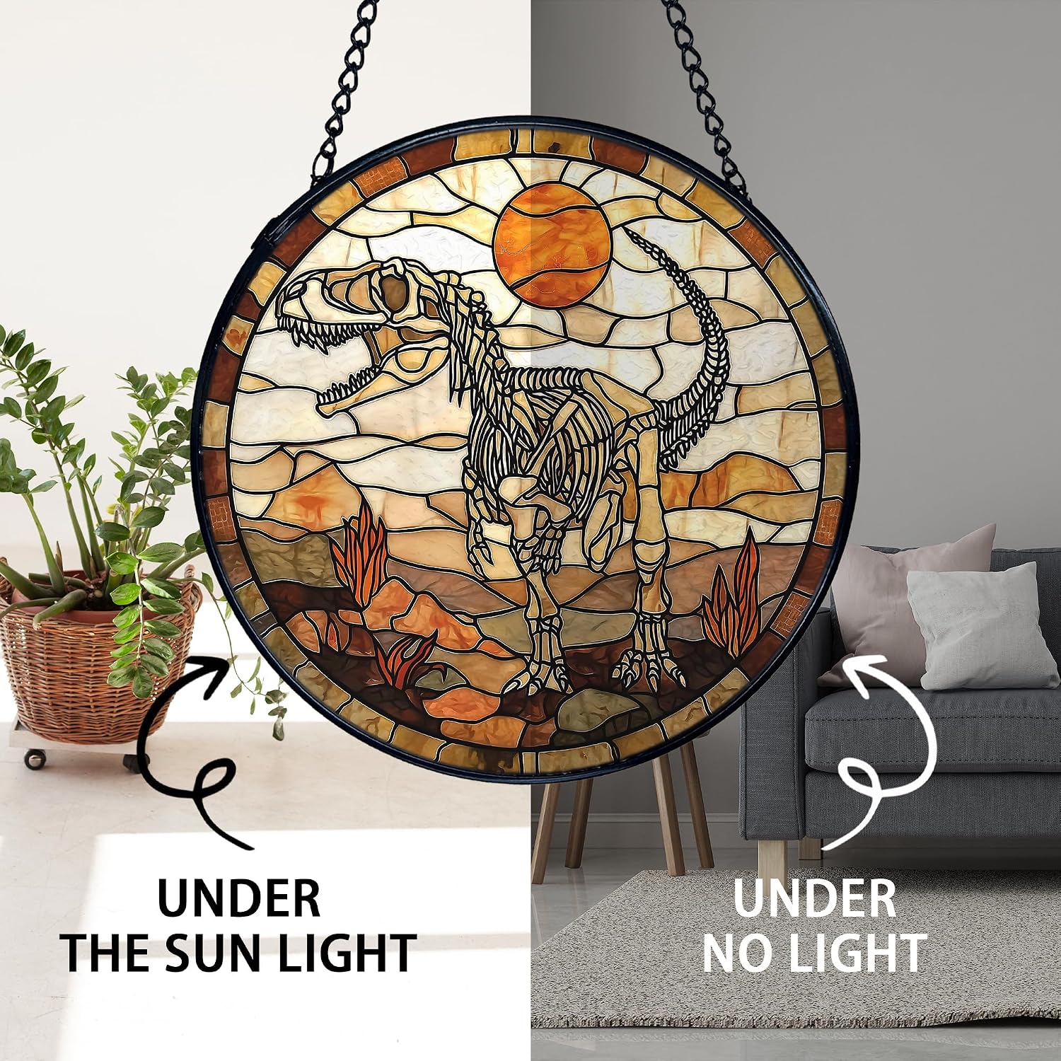 TNUW Dinosaur Skeleton Stained Glass Window Hanging, Prehistoric Dino Fossil Sunset Landscape SunCatchers Indoor Window Glass Round Wall Art Decor, Dinosaur Wall Hanging Decorations, 7.9＂x7.9＂