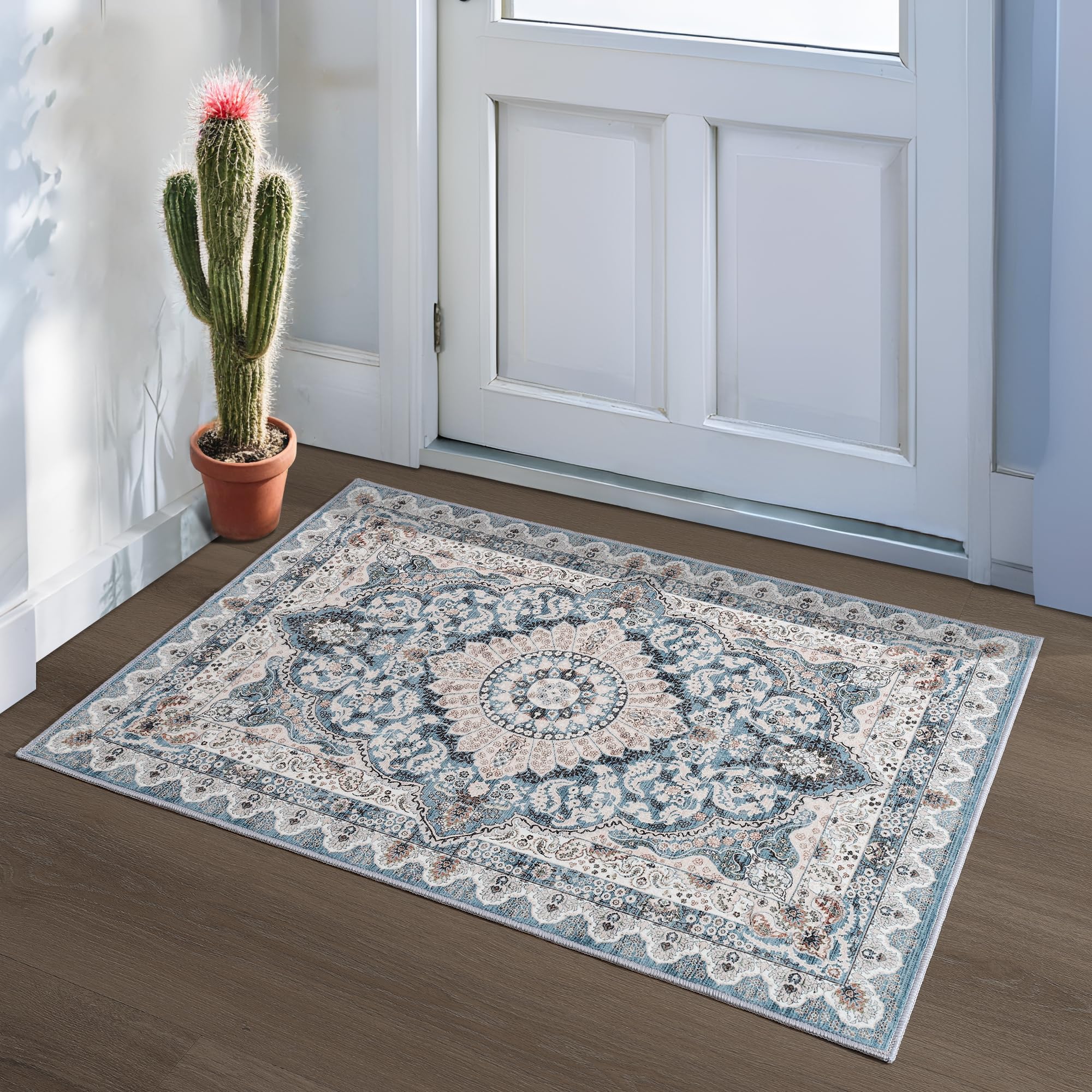 Area Rug 2x3 Washable Rug Vintage Floral Kitchen Rug, Non-Slip Door Mat Ulta-Thin Soft Low Pile Front Door Mat Outside Entrance, Stain Resistan Throw Carpet For Entryway, Boho Home Décor, Beige