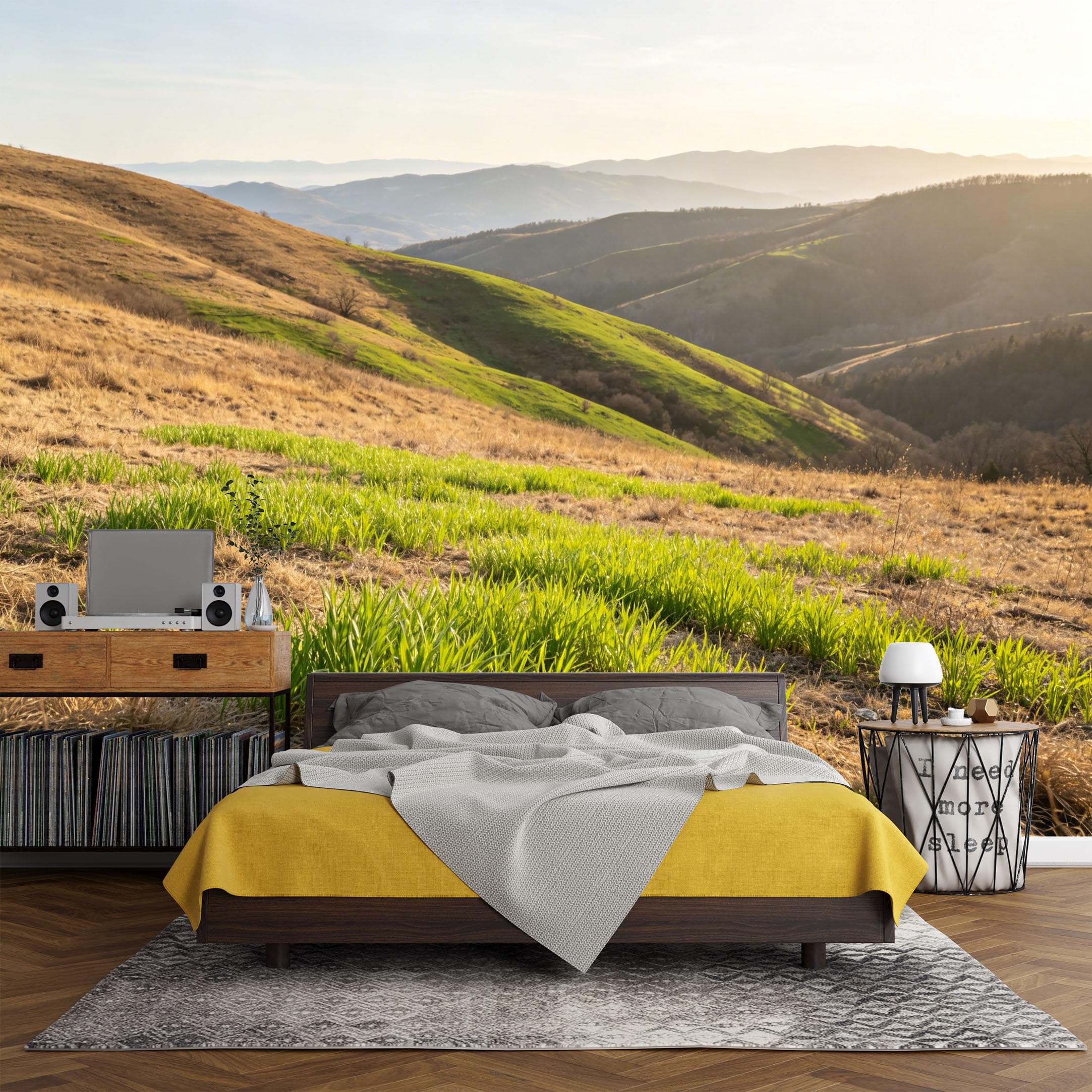 Custom Size Wall Mural， Mountain Landscape Golden Hills Green Valley Scenic Nature View，SelfAdhesive Art Prints wall Fabric (No PVC) Removable Wallpaper Living Room Decor