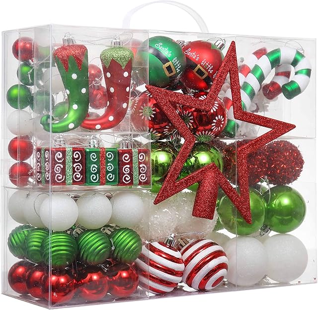 Victor's Workshop 100pcs 3-14cm Shatterproof Christmas Baubles,Delightful Elf Red Green and White Christmas Ball Ornaments for Christmas Tree Decorations