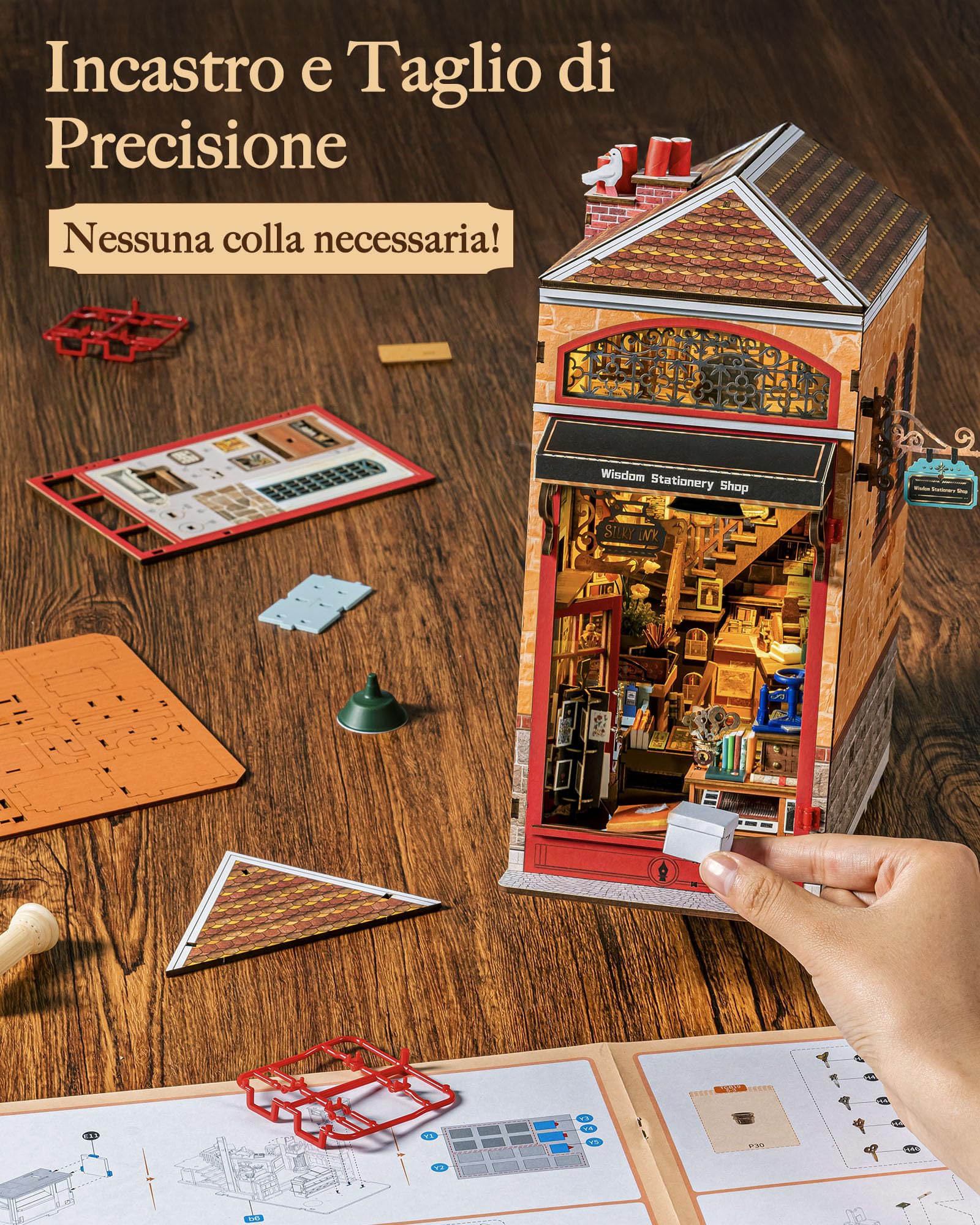Rolife Book Nook Kit Miniature da Costruire DIY Booknook Cartoleria della Sapienza 3d Puzzle Legno con Luci Decorazione Libreria Casa Modellismo da Costruire Adulti Diorama Modellismo