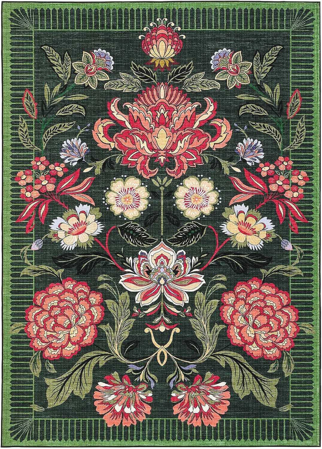 GarveeHome Forest Green Floral Christmas Washable Rugs 5x7 Area Rug for Living Room, Vintage Boho Cottage Throw Rugs Low Pile Carpet for Bedroom Dining Nursery Rug - Image 4