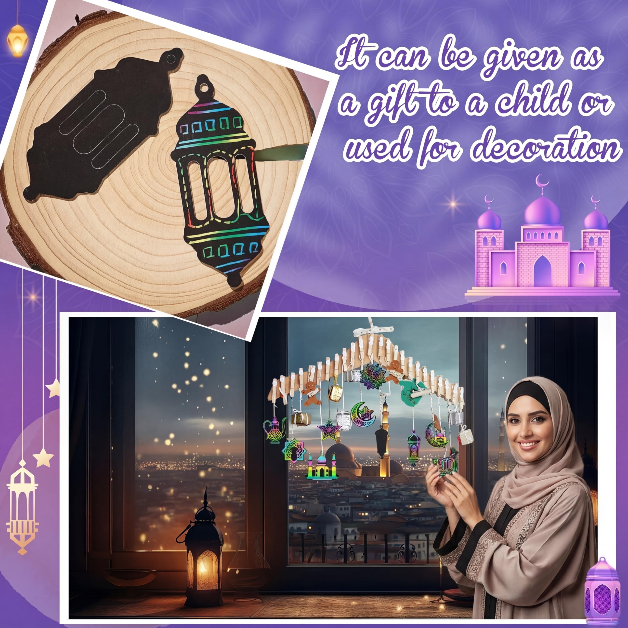 Hollowfly 96 Pcs Ramadan Scratch Paper Kit Eid Mubarak Paper Scratch Off Card Eid Crafts Ramadan DIY Rainbow Hanging Ornament Craft for Ramadan Party Eid Mubarak Activity Drawing Supplies Decor