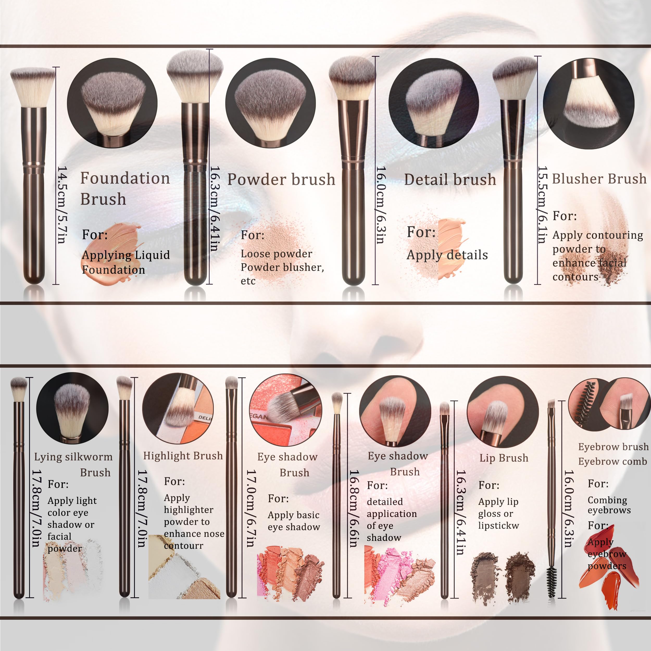 10 schwarze Make-up-Pinsel aus Kaffeeholz, Premium-Kunsthaar, Foundation-Pinsel, loses Puder, Rouge, Lidschatten, Augenbrauenpinsel-Set