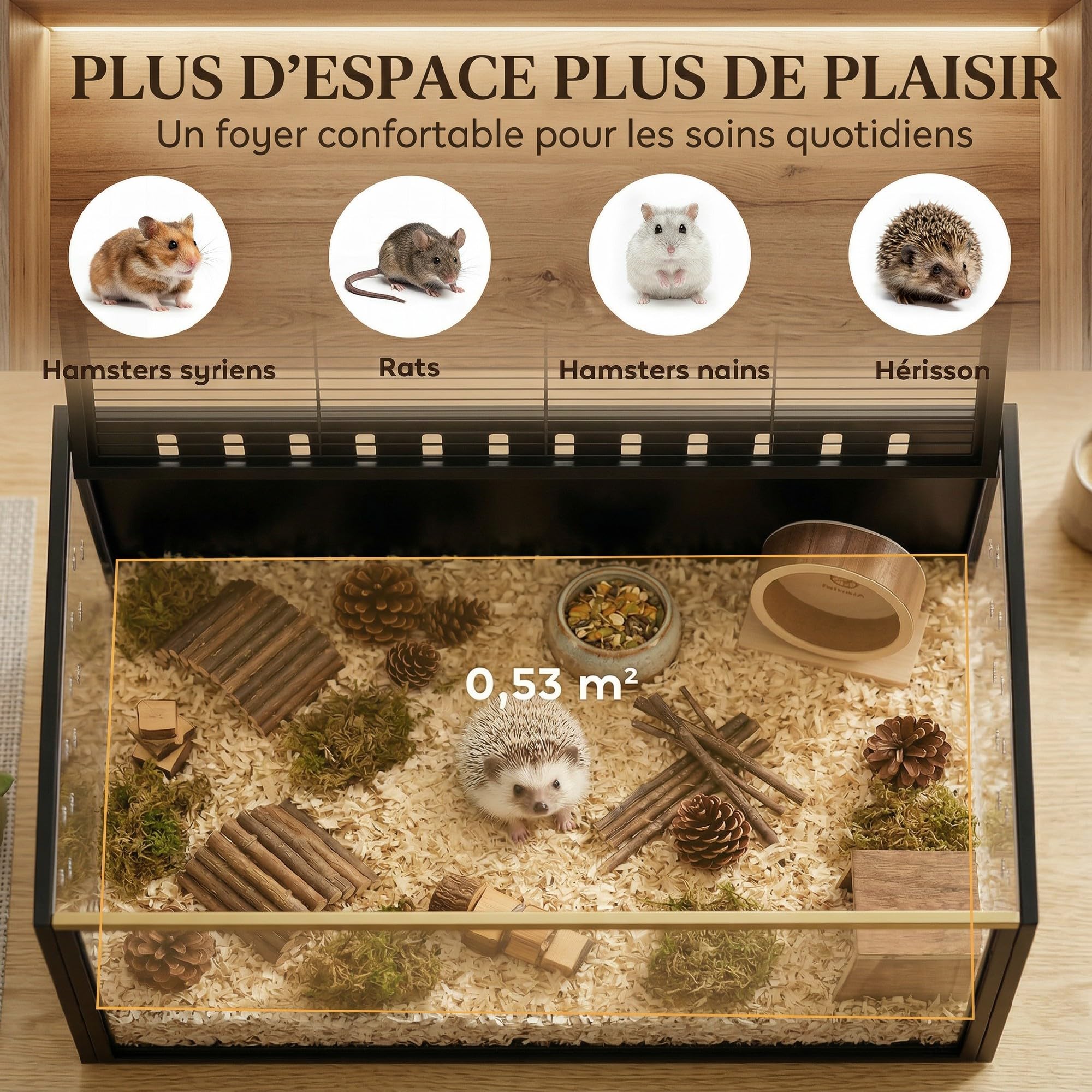PawHut Cage à Hamster Géante 105 cm Habitat pour Rongeur en Acier et Acrylique Transparent Grande Cage avec Vue Panoramique et Toit Ouvrant pour Hamster Syrien et Souris, Noir