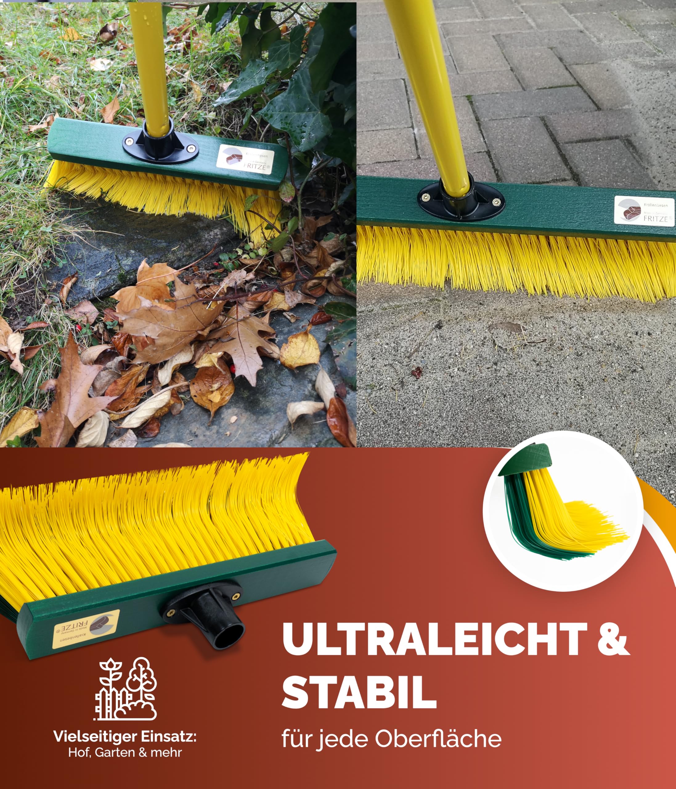 Fritze® Krallenbesen Hof & Garten 45 cm Kehrbreite mit Stiel – Abgewinkelte Borsten für Laub, Nadeln, Sand & unebene Böden – Ideal für Pflastersteine & Gartenwege – Premiumbesen – Made in Germany