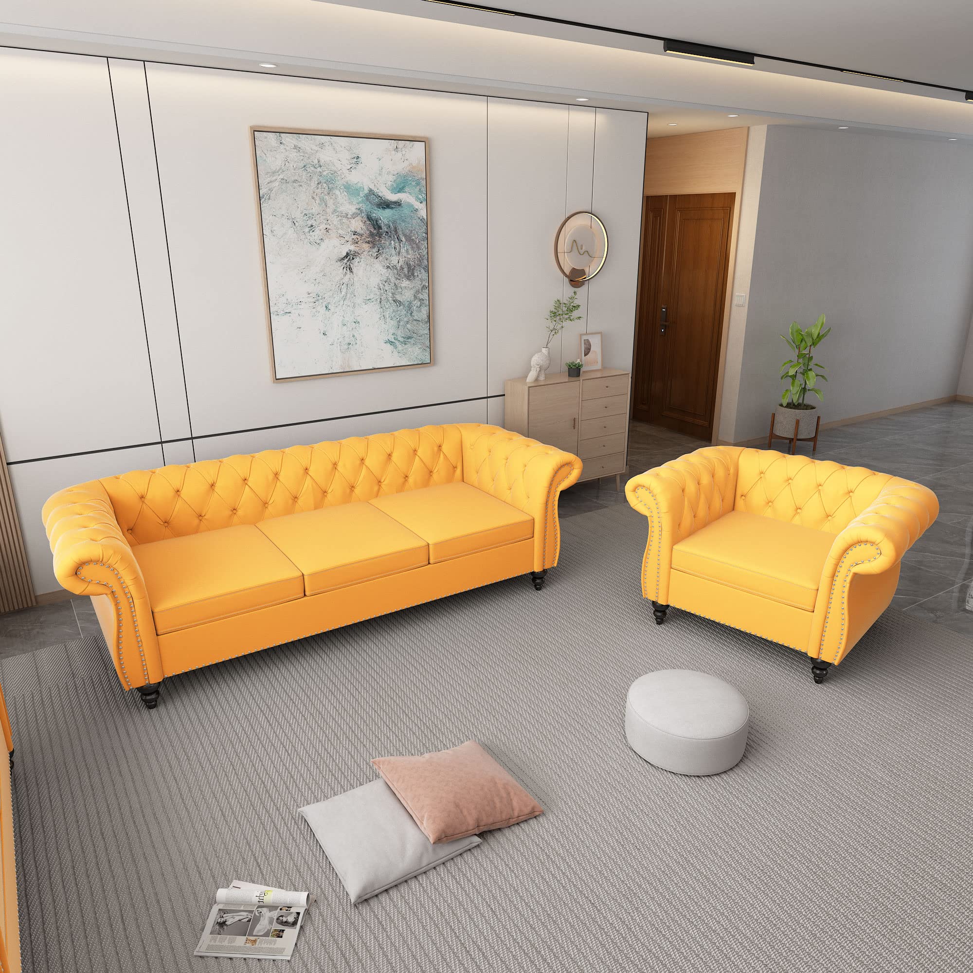 ORRD 2 Piece Living Room Set, Velvet Chesterfield Sofa Couch Chair with Scroll Arms and Nailhead for Living Room, Office (Mango)