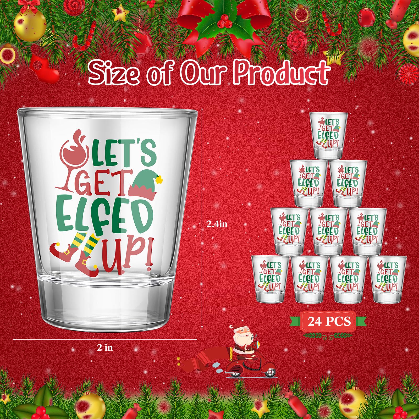 Tioncy Lot de 24 verres à shot transparents de Noël de 56,7 g avec impression « Happy Holiday » - Verres à cocktail amusants et cool pour décoration de table de Noël - Cadeau amusant