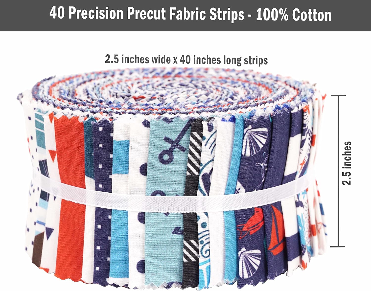 Soimoi 40Pcs Nautical Print Cotton Precut Fabrics for Quilting Craft Strips 2.5x42inches Jelly Roll - Blue, Red & White