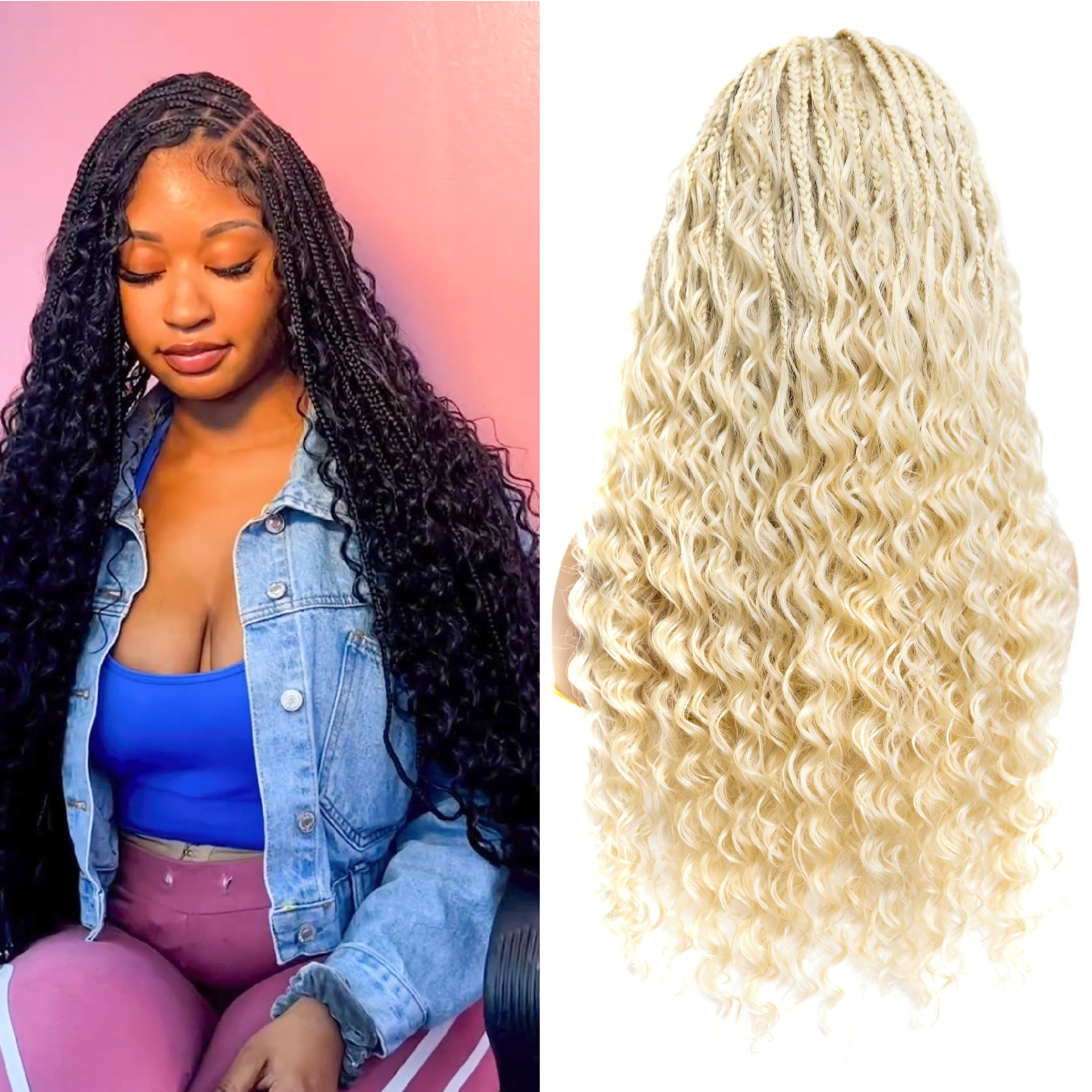 PIB 24” Single Full Lace Braid Wig – Micro Boho Deep Wave Box Braided Wig, Knotless Braided Wigs for Black Women, Curly Hair Wig (#613 Platinum Blonde