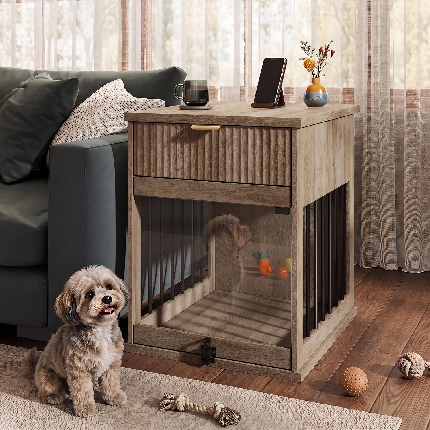 Small Dog Crate Furniture with Storage Drawer and Charging Station, Gray