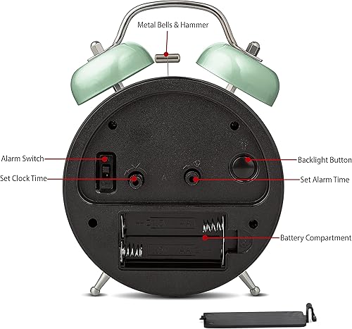 Miniatura 10 de Bernhard Products Reloj despertador analógico de 4 pulgadas, doble campana, color azul, silencioso, sin tictac, de cuarzo, funciona con pilas, extra