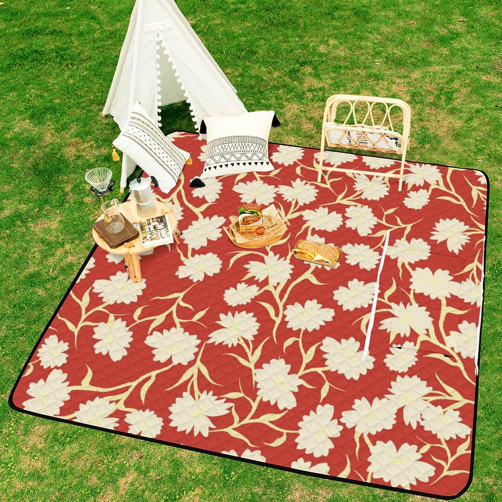 3D Stampa Fiore rosso Coperta Picnic Impermeabile Plaid Pic Nic Pieghevole Coperta Pic Nic Per Pic-nic, Spiaggia, Campeggio, Parco, Giardino, Estate 200x200cm