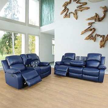 Beverly Fine Furniture Alpine Living Room Recliner Set Include Love seat, Sofa, 2-Piece,Navy Blue