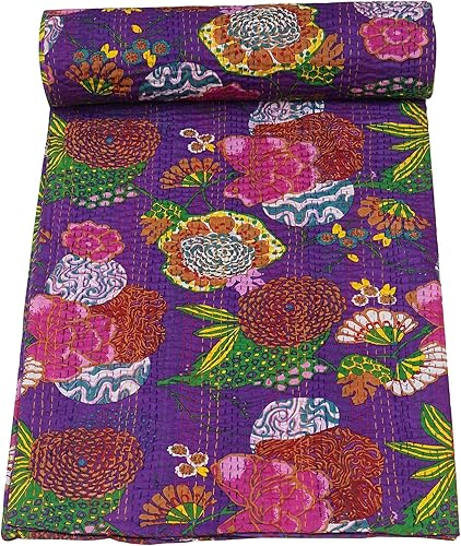 Miniatura 6 de Marubhumi Colcha Kantha reversible de algodón puro cosido a mano con estampado de frutas indias, edredón Kantha reversible (C verde, Queen (90 x 108